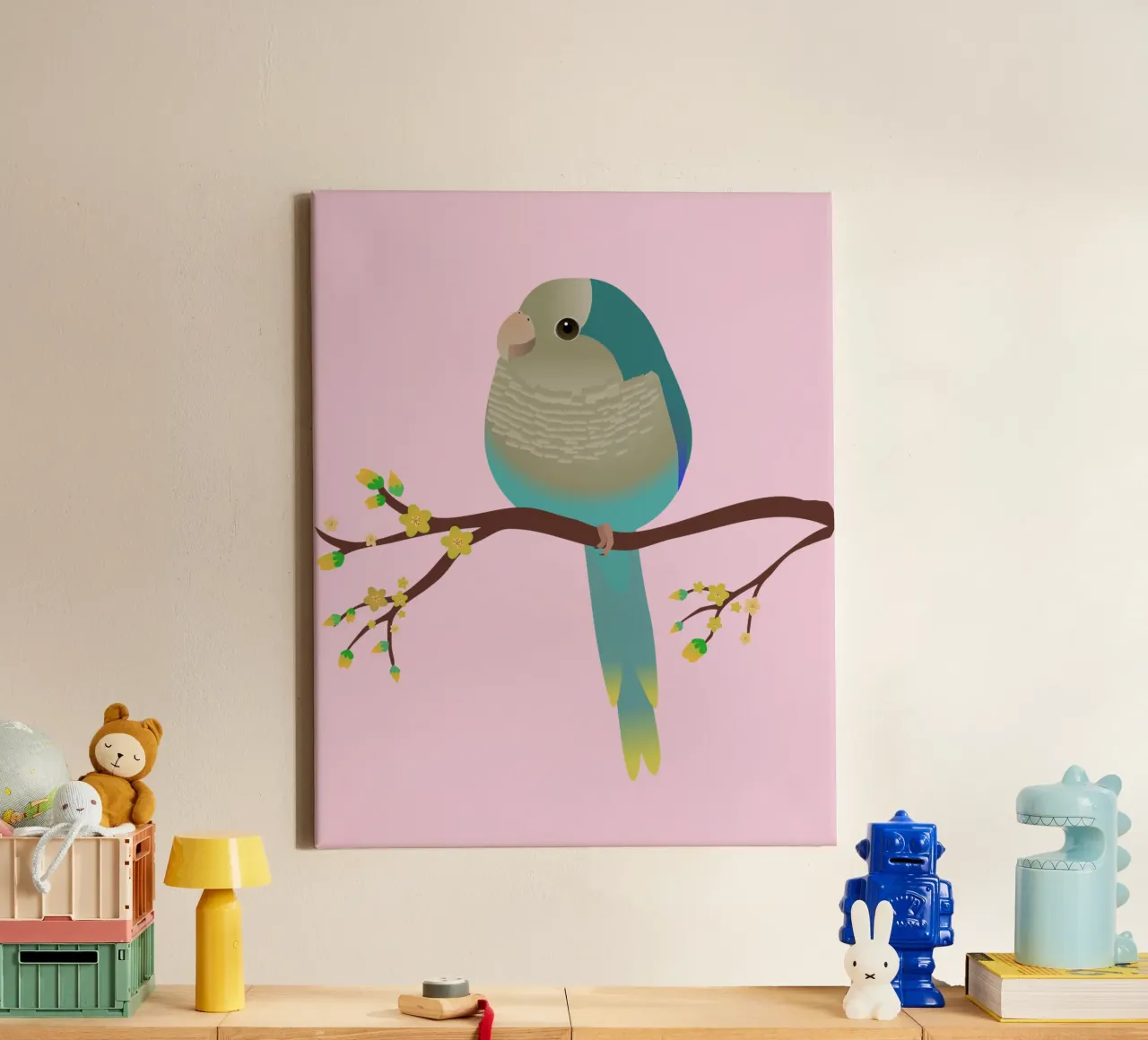 Niedlicher eiförmiger blauer Quäkersittich oder Mönchssittich Leinwand mit Schattenfugenrahmen von BwiseLizzy