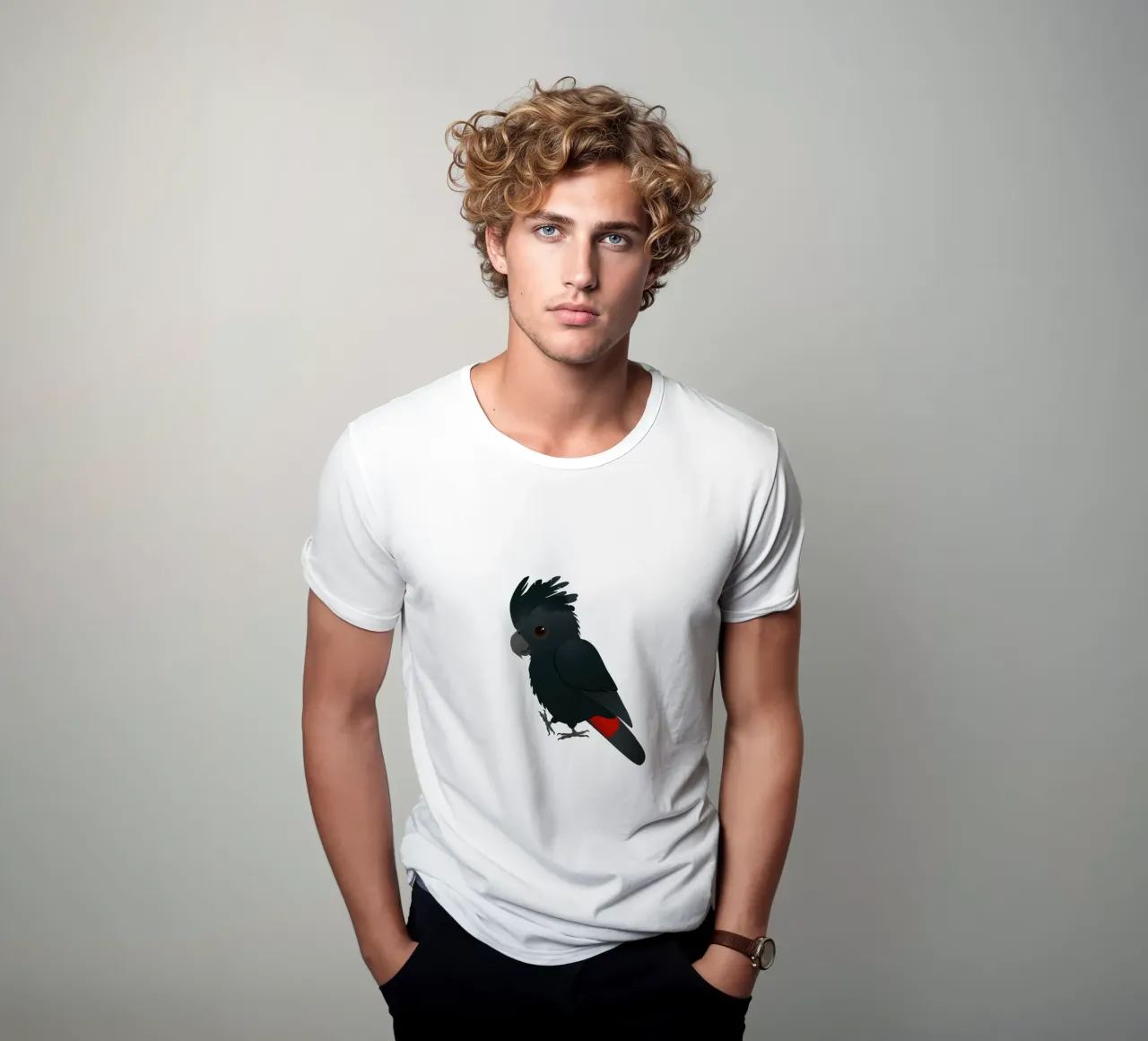 Illustrazione di un simpatico cacatua nero dalla coda rossa t-shirt da BwiseLizzy