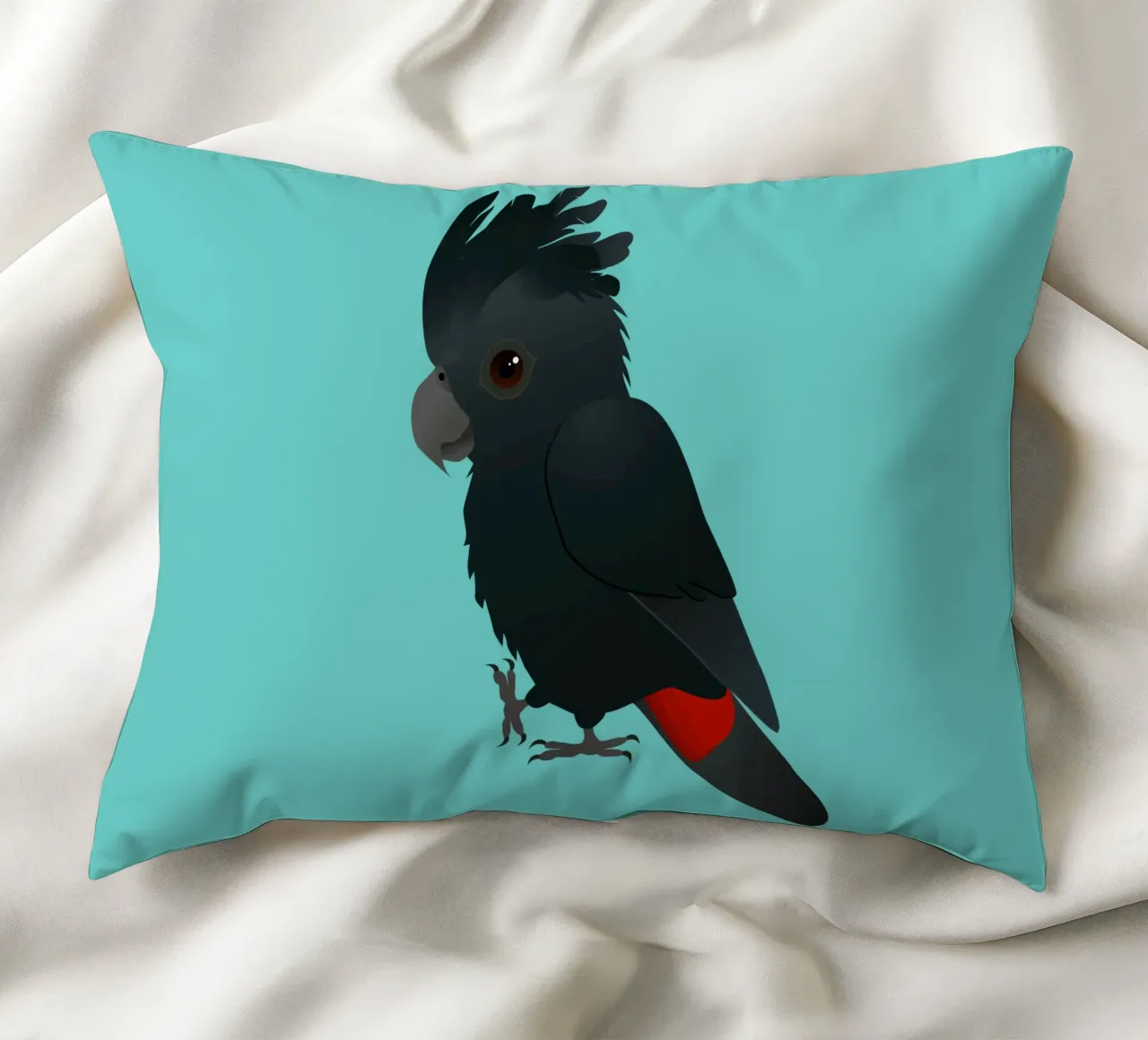 Illustrazione di un simpatico cacatua nero dalla coda rossa cuscino da BwiseLizzy