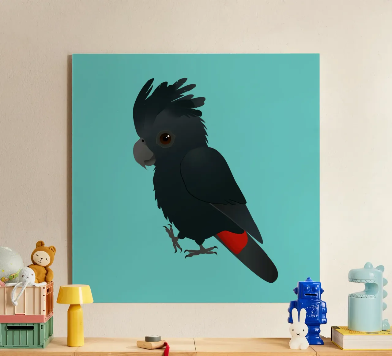 Illustrazione di un simpatico cacatua nero dalla coda rossa plexiglass da BwiseLizzy