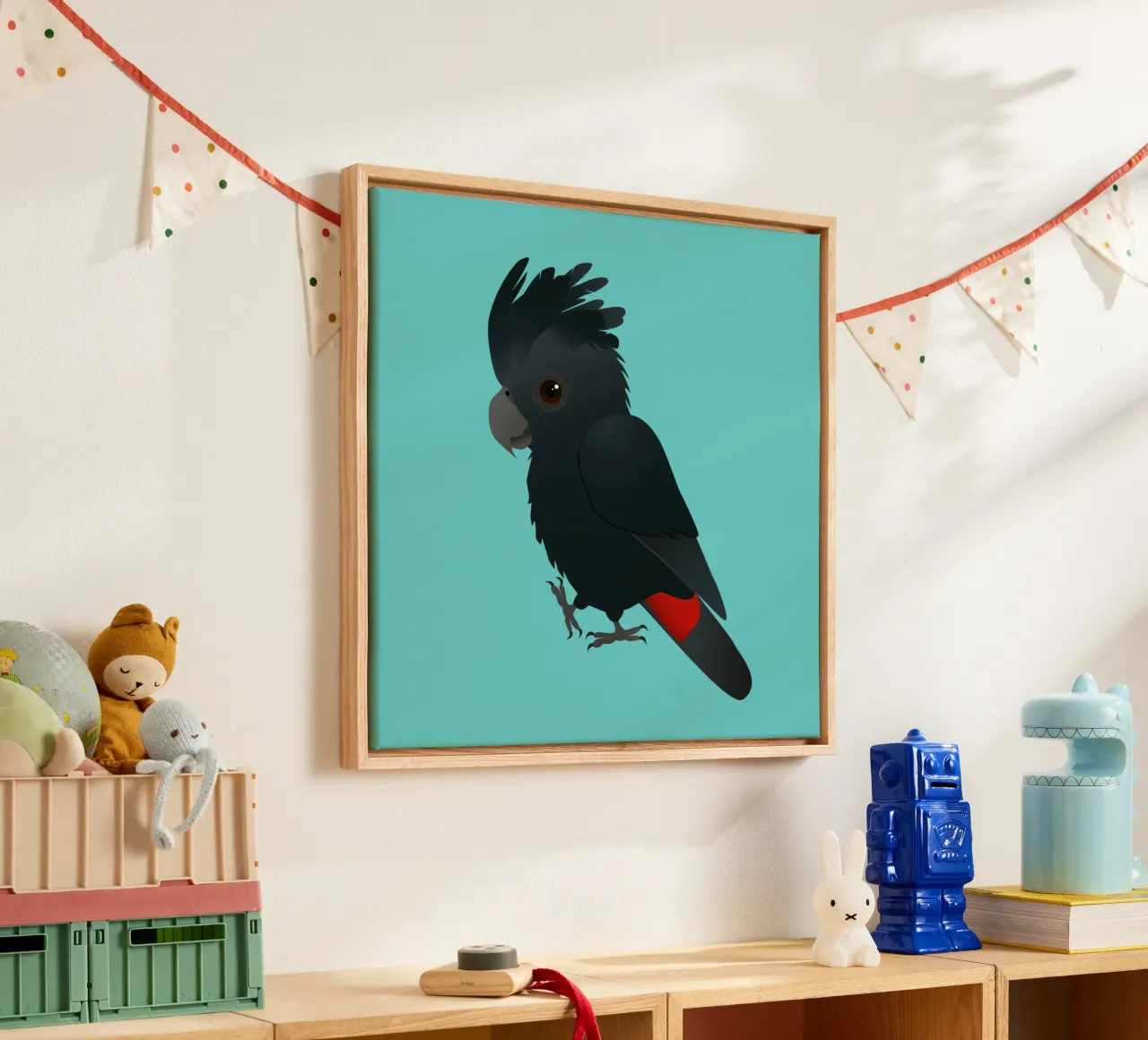 Illustrazione di un simpatico cacatua nero dalla coda rossa tela con Cornice a cassetta da BwiseLizzy