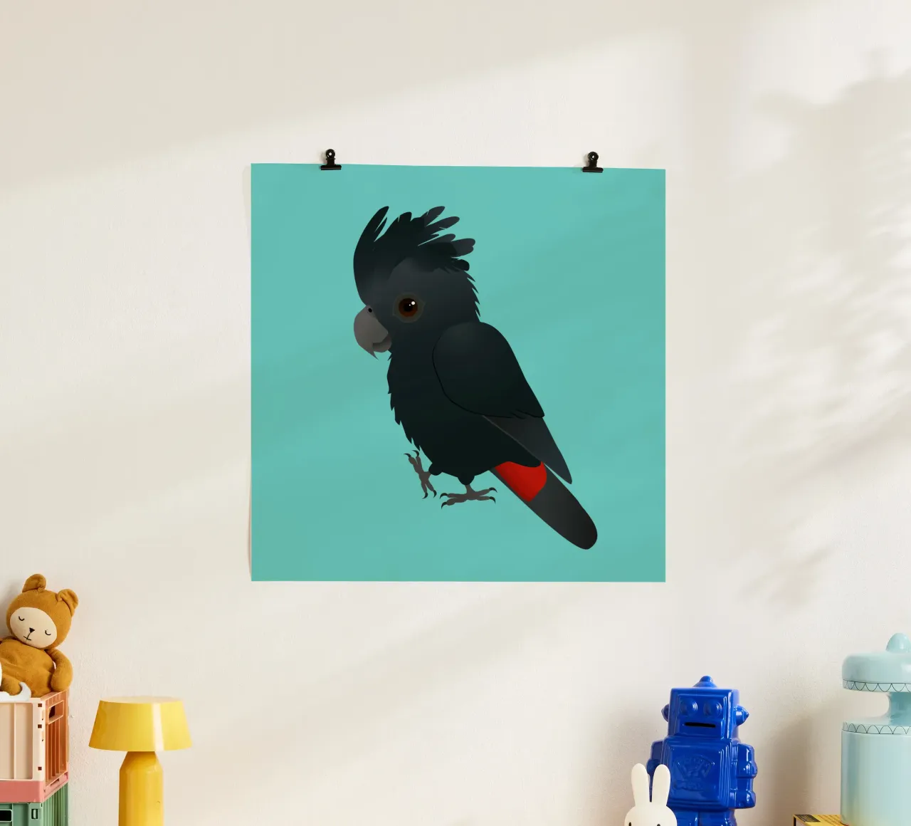 Illustrazione di un simpatico cacatua nero dalla coda rossa carta hahnemühle da BwiseLizzy