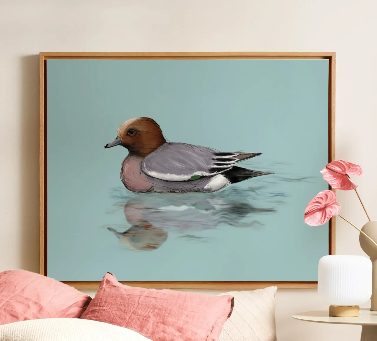 Eine Zeichnung einer schwimmenden Pfeifente Leinwand mit Schattenfugenrahmen von BwiseLizzy