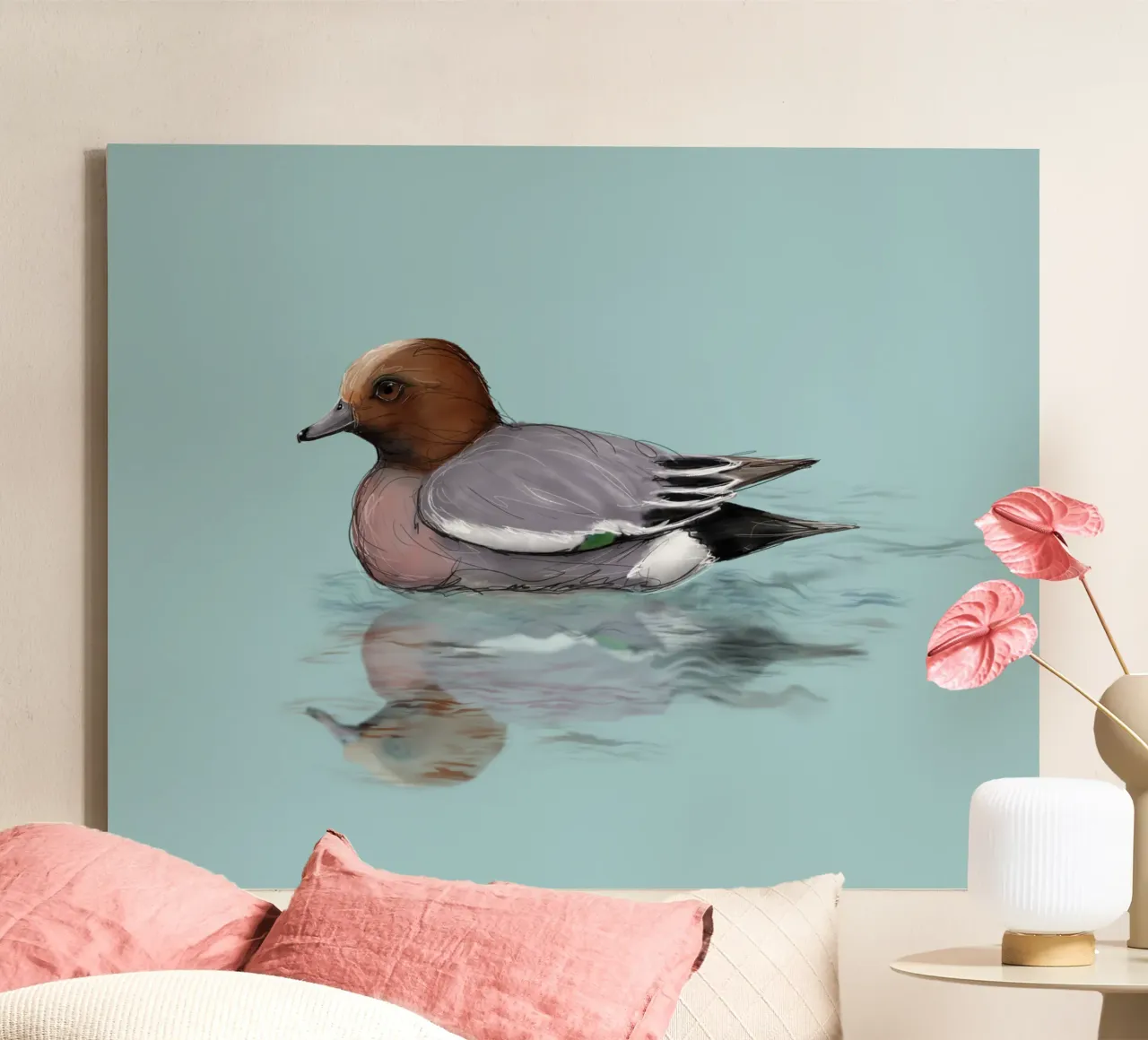 Eine Zeichnung einer schwimmenden Pfeifente Leinwand mit Schattenfugenrahmen von BwiseLizzy