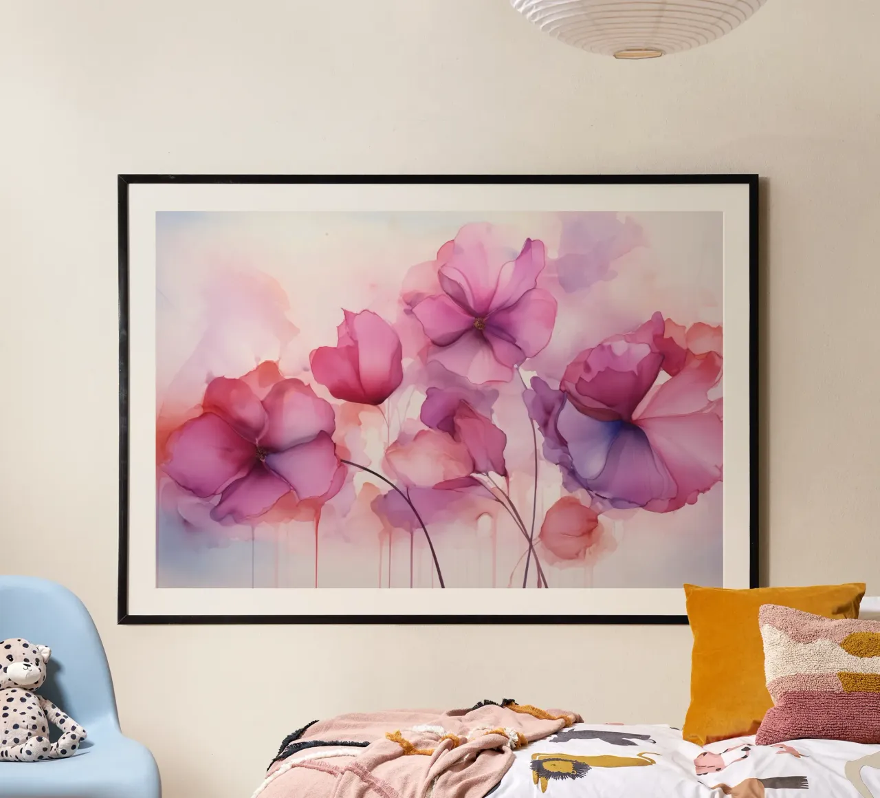 Fiori d'inchiostro sognanti rosa fucsia poster con telaio in legno da Andrea Haase Floral Passion