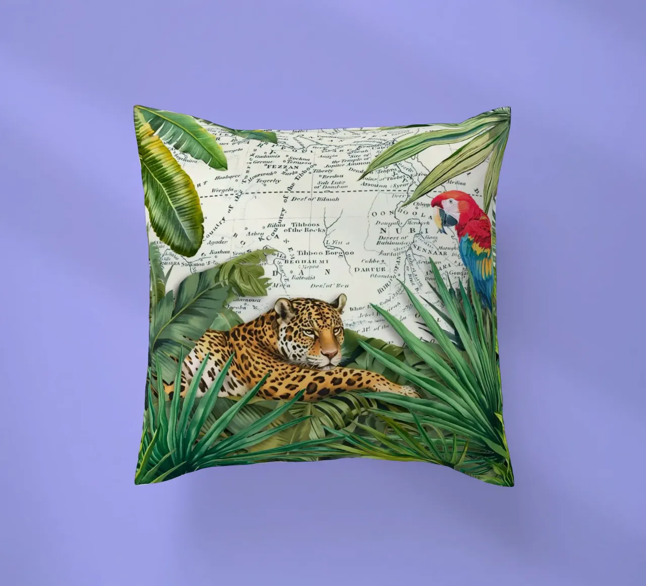 Viaggio tropicale di ghepardi e uccelli cuscino da Andrea Haase Vintage World