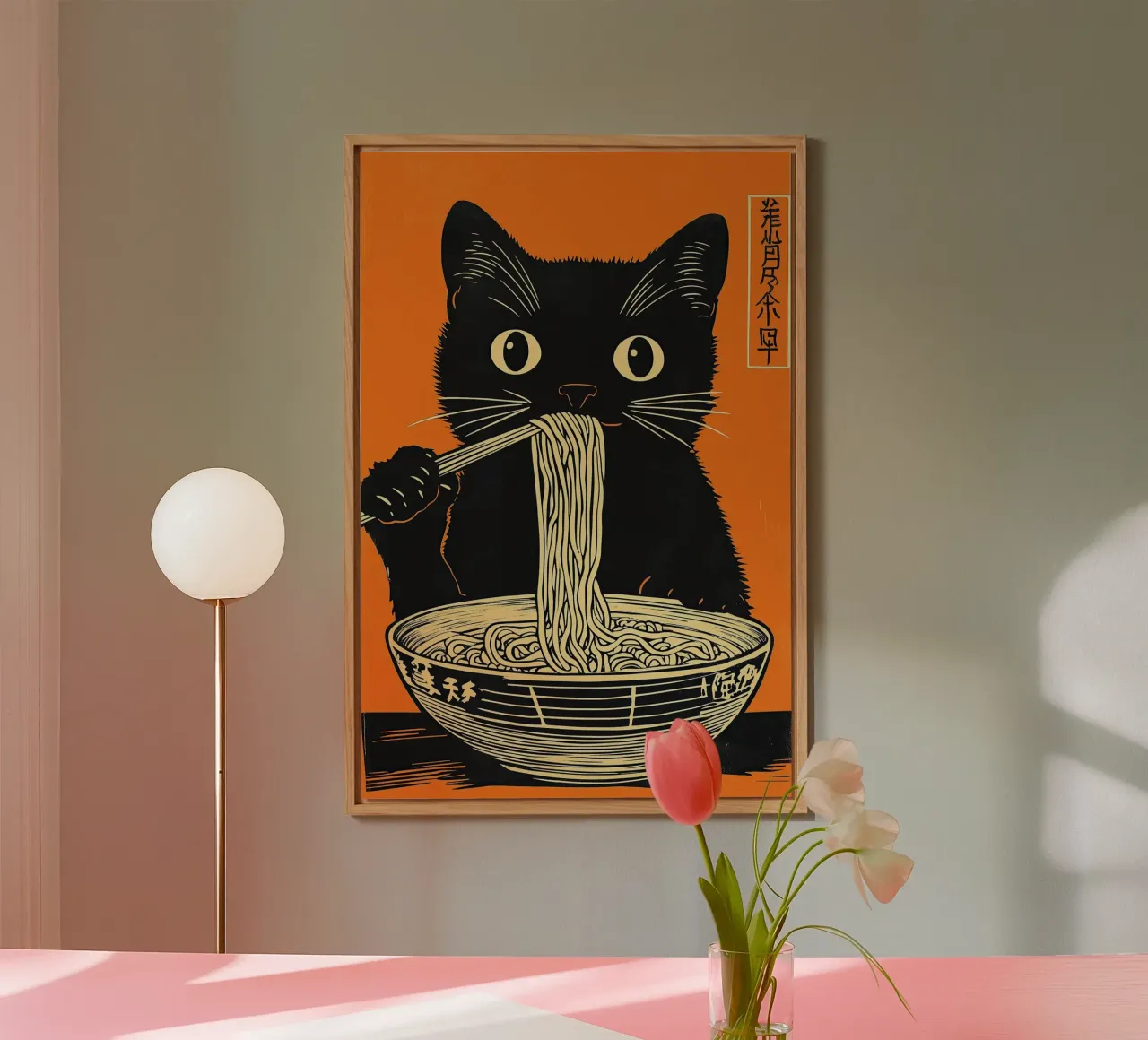 Gatto giapponese nero che si gode i noodles al ramen alluminio dibond da Autofocus