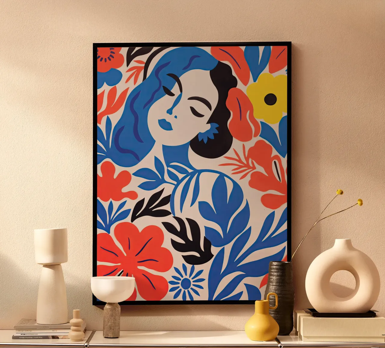 Ritratto a luce di piuma della Donna dai fiori blu poster da Autofocus