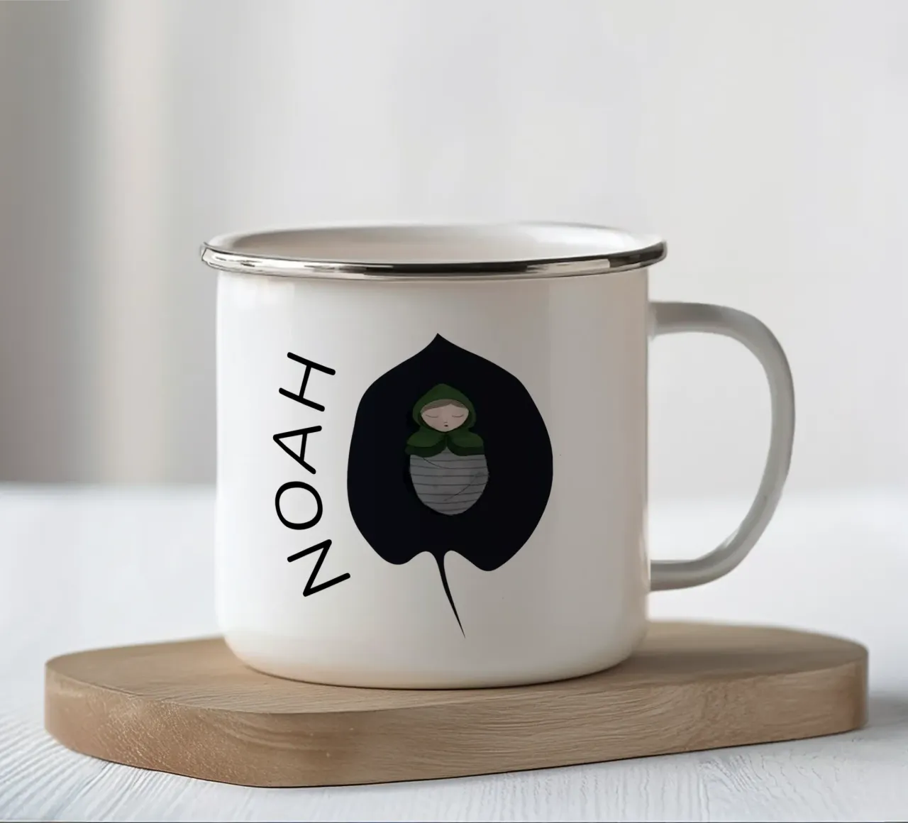 BAMBINO ADDORMENTATO SU FOGLIA CON NOME E DATA DI NASCITA tazza in smalto da ALLÉE DE PAPIER