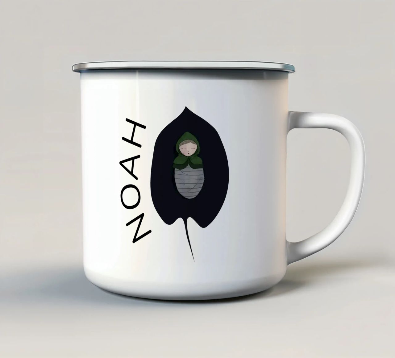 BÉBÉ GARÇON ENDORMI SUR UNE FEUILLE AVEC NOM ET DATE DE NAISSANCE mug en émail de ALLÉE DE PAPIER