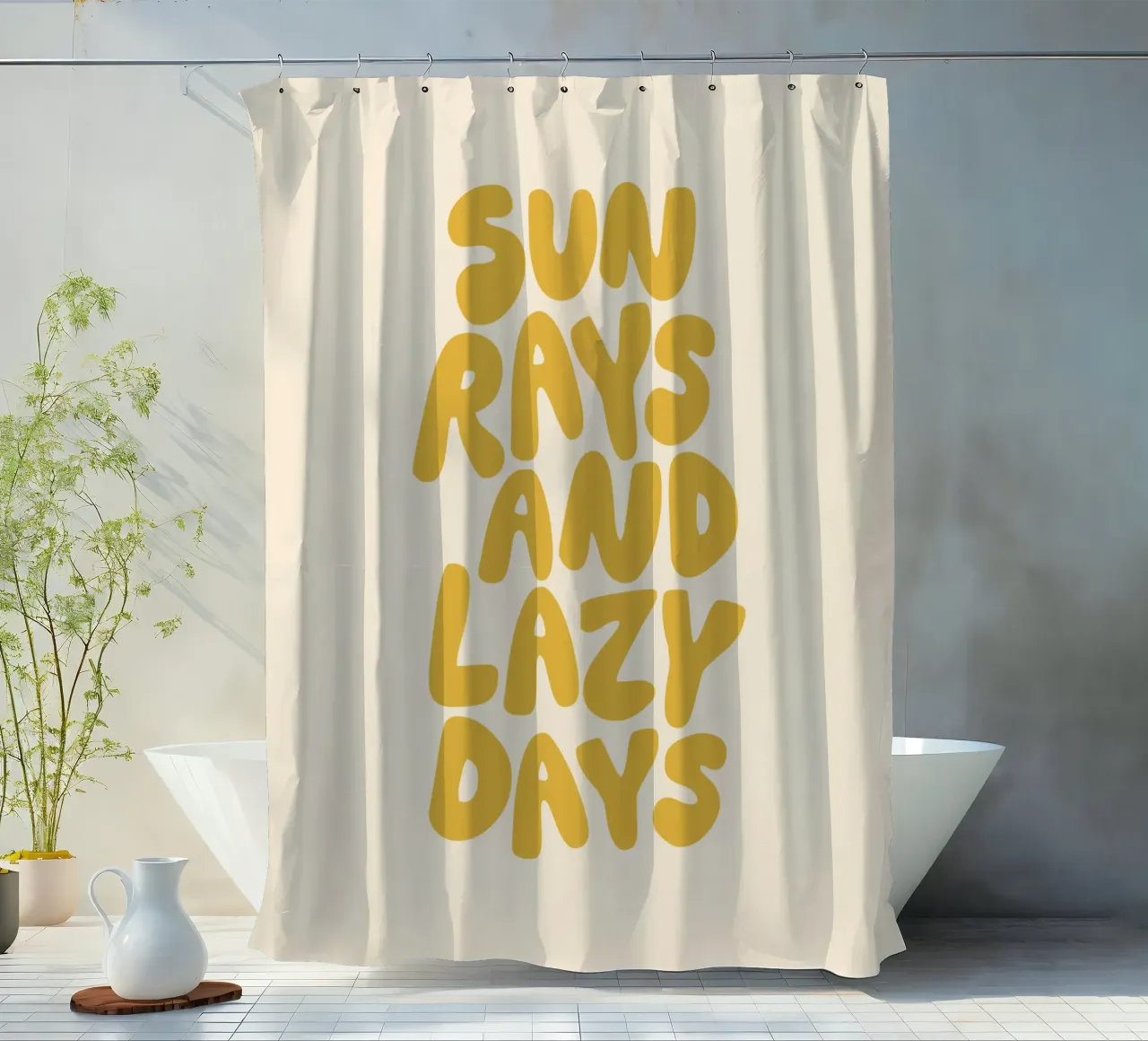 Sun Rays and Lazy Days Summertime Sunny Sunshine Typography shower curtain by THE MOTIVATED TYPE