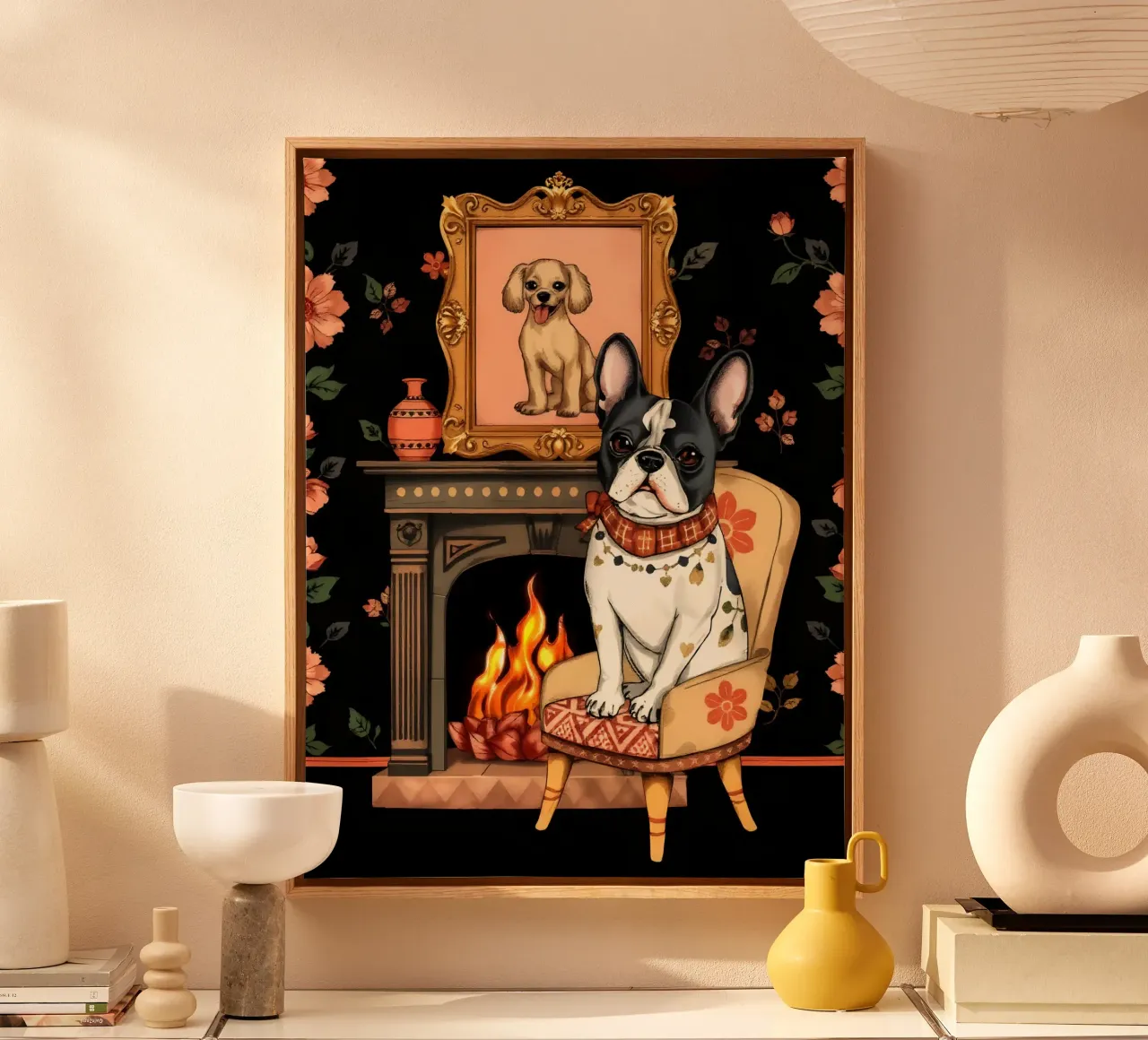 Bulldog francese su sedia tela con Cornice a cassetta da COLLEEN CRAFTS