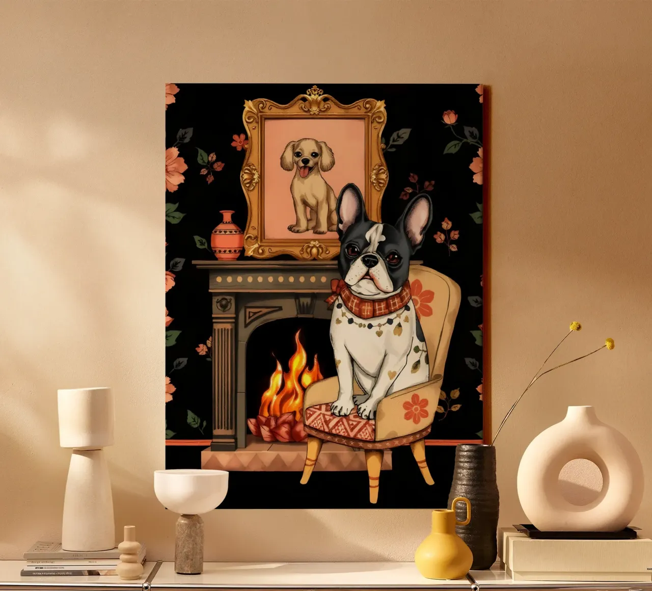 Bulldog francese su sedia tela con Cornice a cassetta da COLLEEN CRAFTS