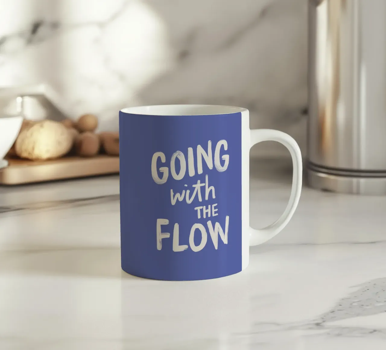 Going with the Flow Hand Painted Typography Design in Blue ceramic mug by THE MOTIVATED TYPE