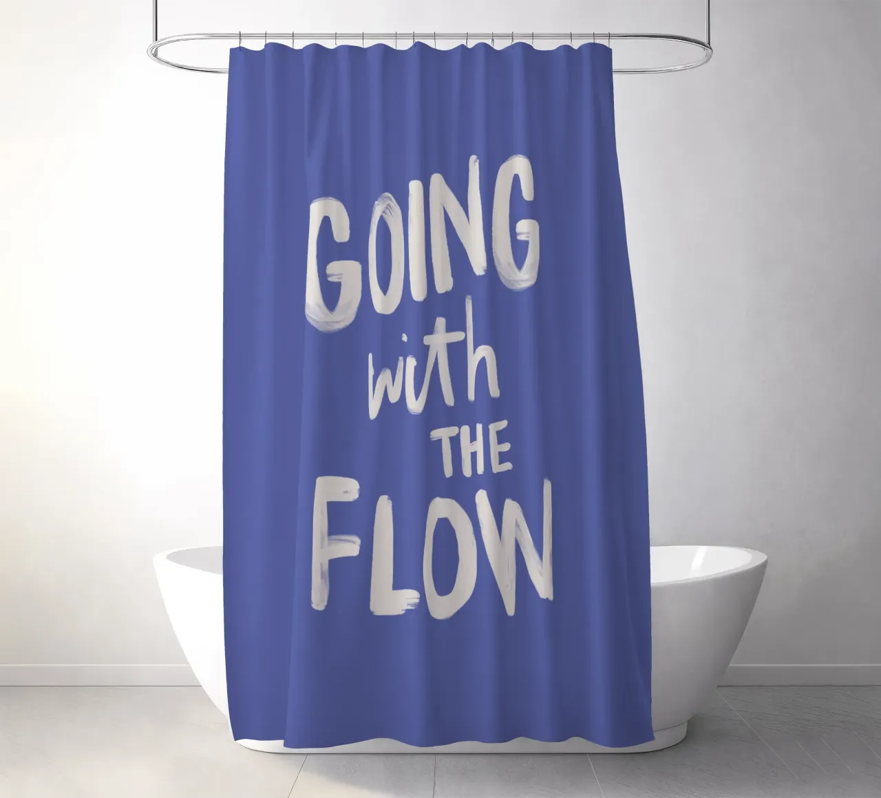 Going with the Flow, design tipografico dipinto a mano in blu tenda da doccia da THE MOTIVATED TYPE