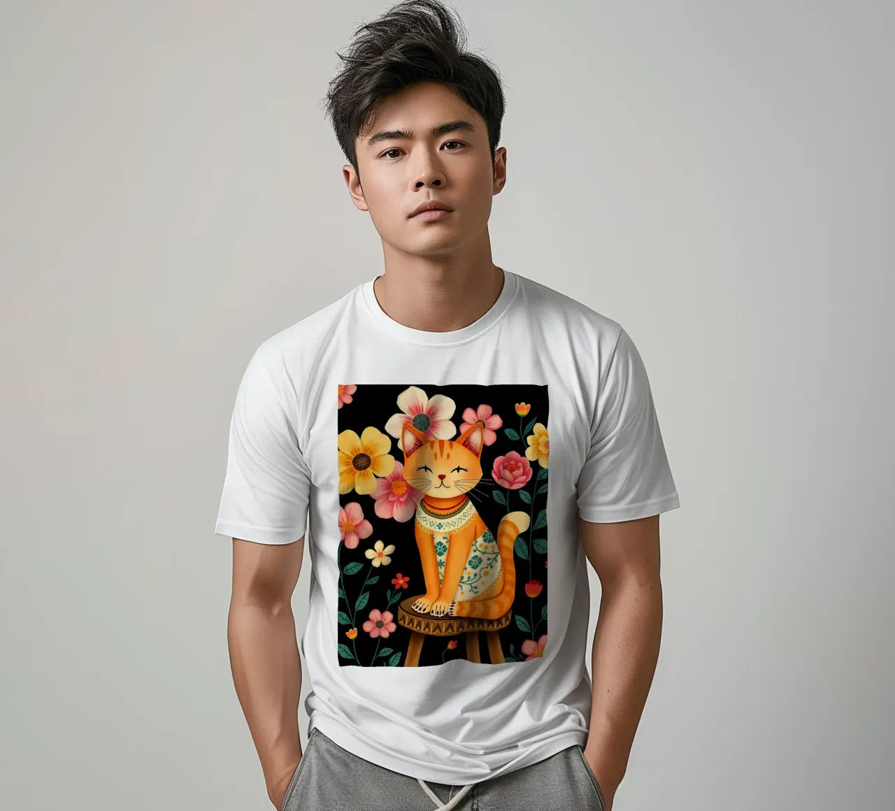 Gato en una silla en un jardín de flores camiseta de COLLEEN CRAFTS