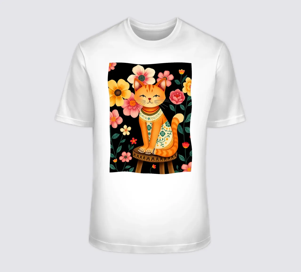 Gato en una silla en un jardín de flores camiseta de COLLEEN CRAFTS