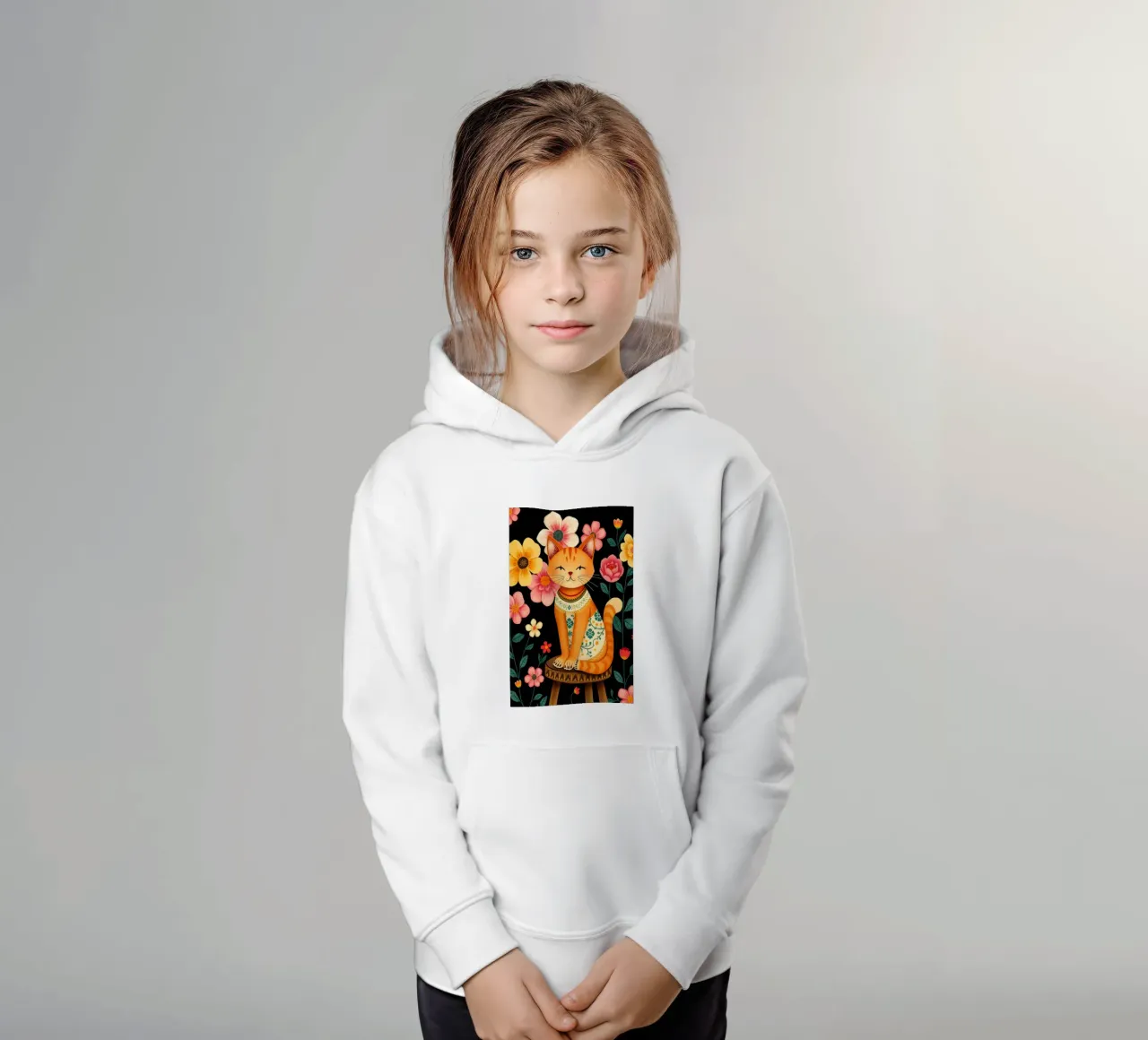 Gato en una silla en un jardín de flores sudadera con capucha para niño de COLLEEN CRAFTS