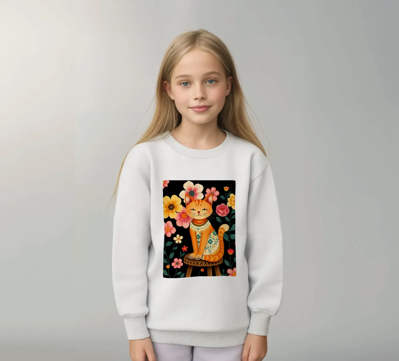Gato en una silla en un jardín de flores sudadera para niño de COLLEEN CRAFTS