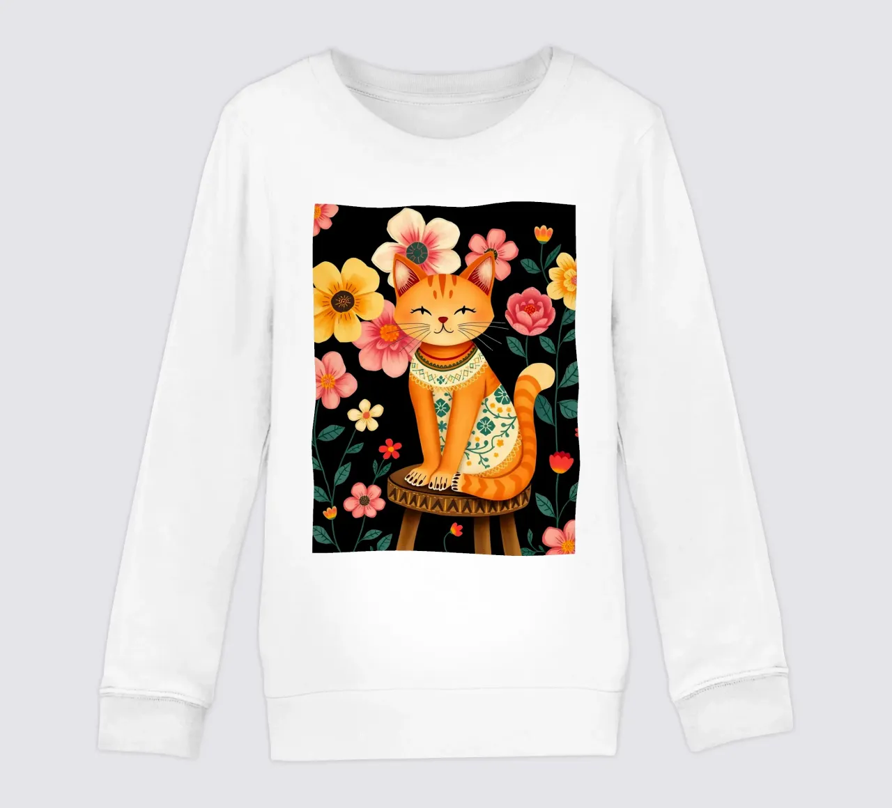 Gato en una silla en un jardín de flores sudadera para niño de COLLEEN CRAFTS