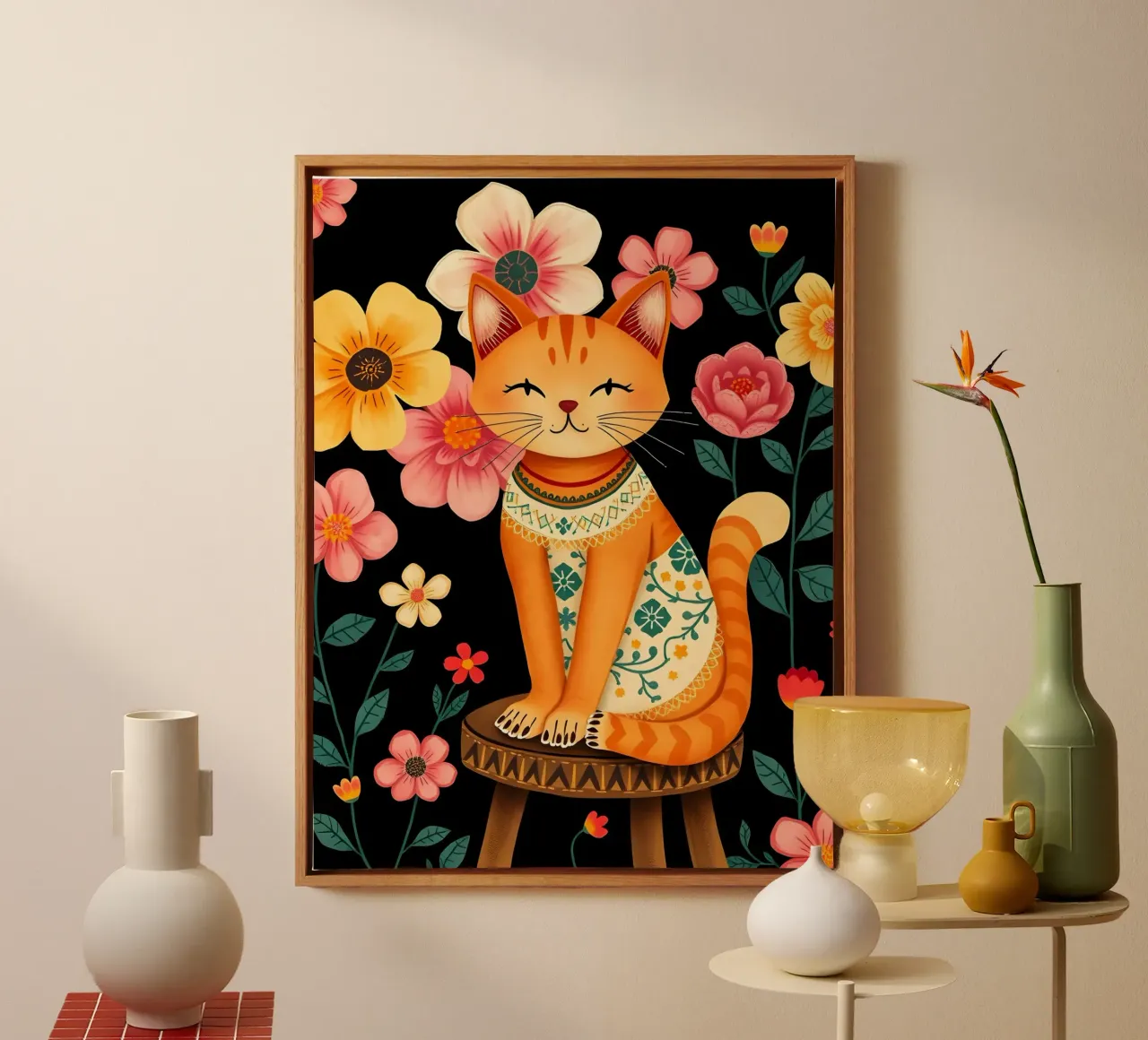 Gato en una silla en un jardín de flores lienzo con Marco flotante de COLLEEN CRAFTS