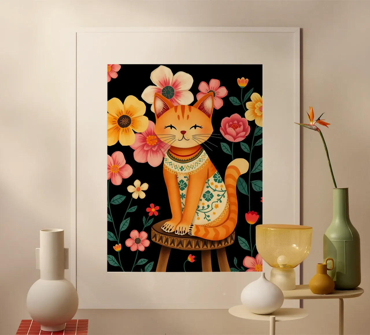 Gato en una silla en un jardín de flores hahnemühle de COLLEEN CRAFTS