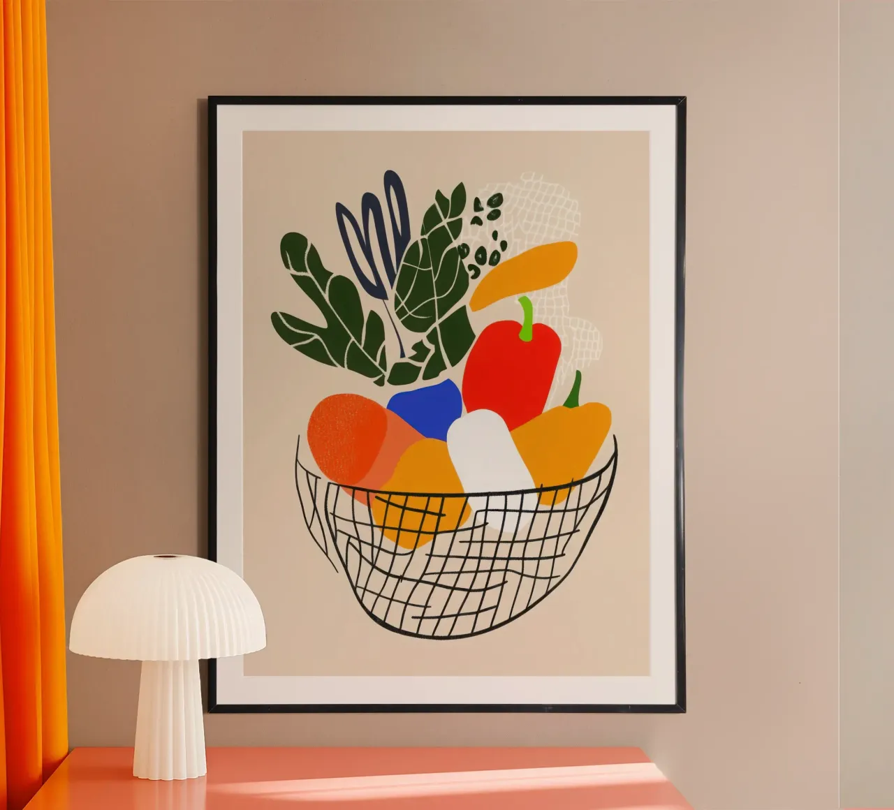 Morning market - Basket of flavours in abstraction poster with wooden frame by Pop and Fruits - Affiches & posters