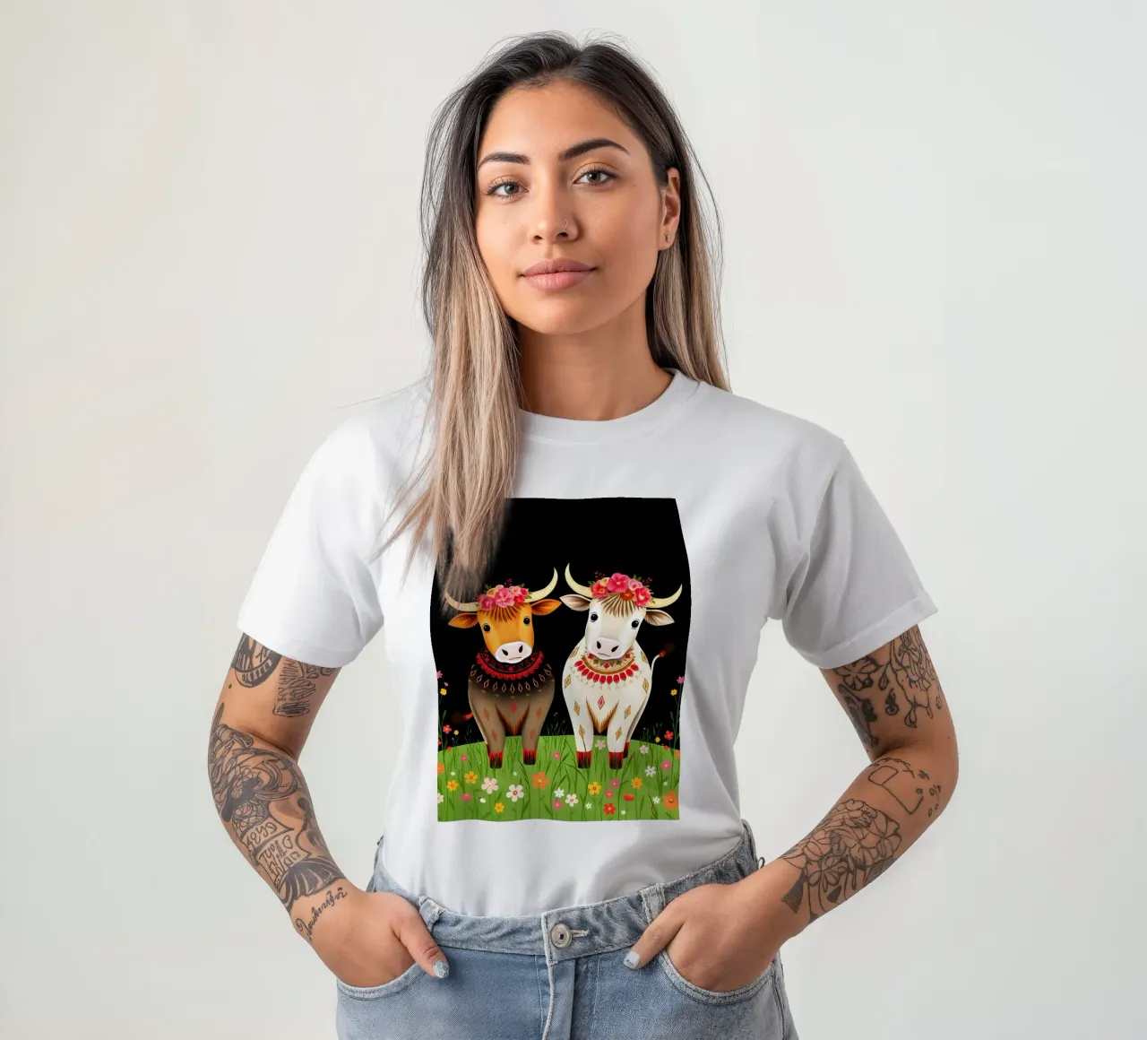 Mucche Highland in un prato selvaggio t-shirt da COLLEEN CRAFTS