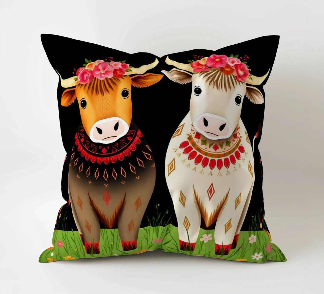 Mucche Highland in un prato selvaggio cuscino da COLLEEN CRAFTS