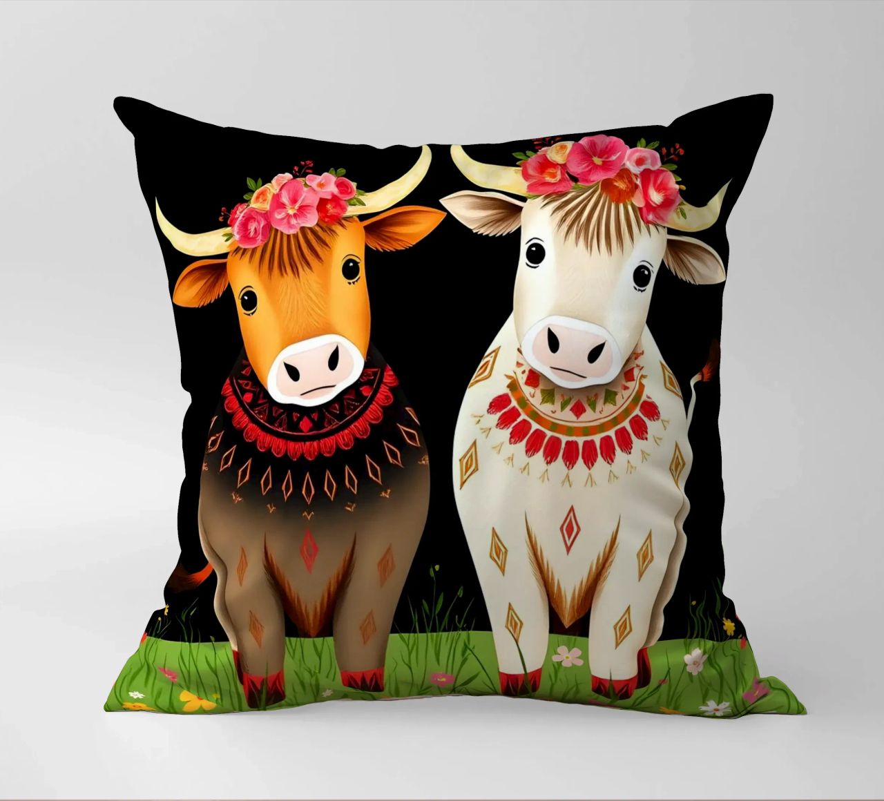 Mucche Highland in un prato selvaggio cuscino da COLLEEN CRAFTS