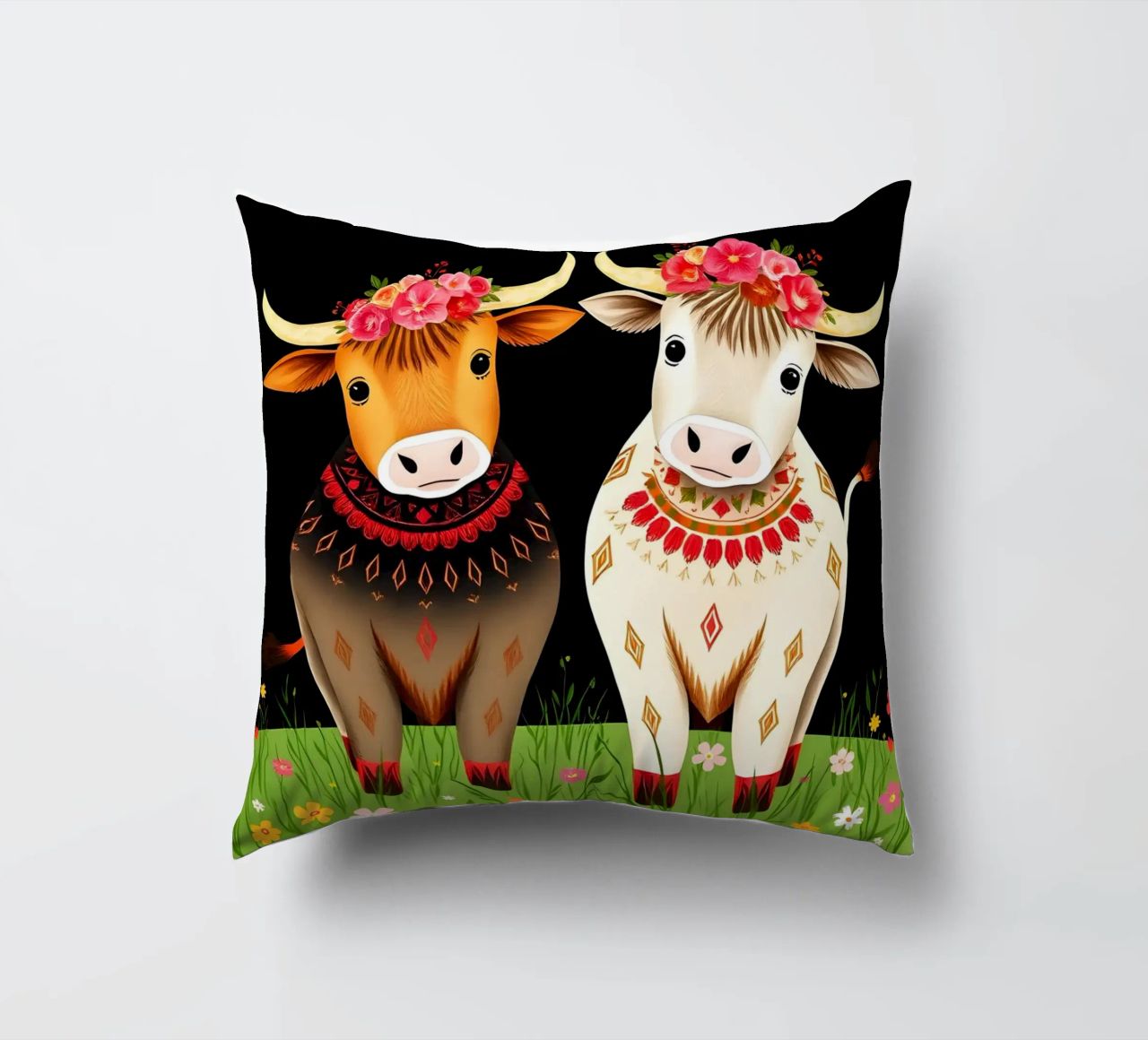Mucche Highland in un prato selvaggio cuscino da COLLEEN CRAFTS