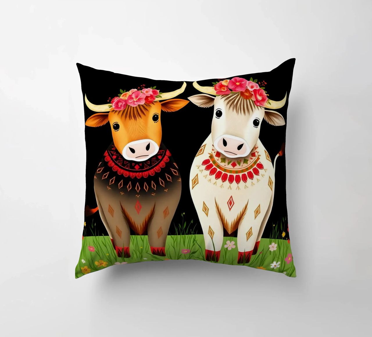 Mucche Highland in un prato selvaggio cuscino da COLLEEN CRAFTS