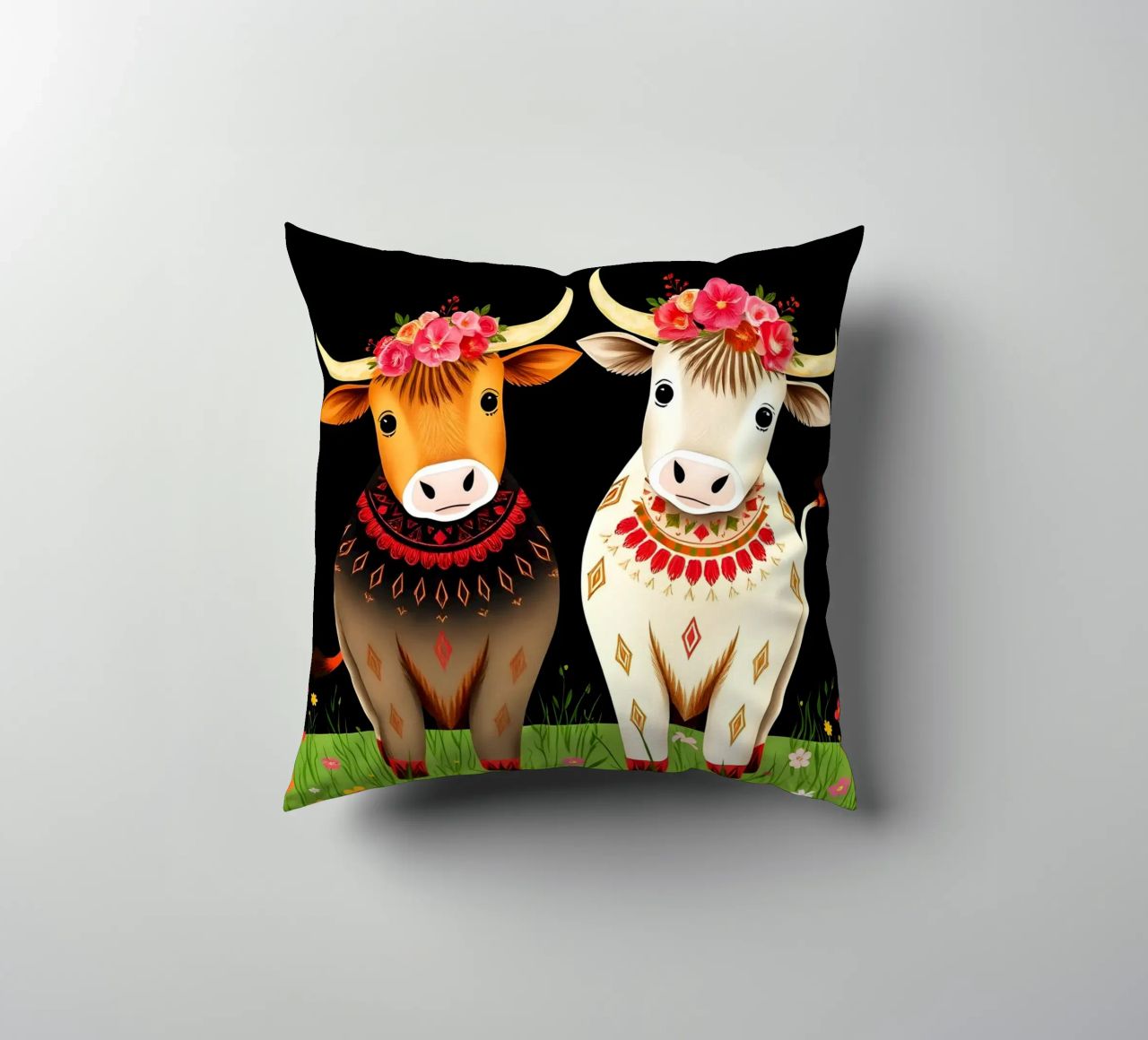 Mucche Highland in un prato selvaggio cuscino da COLLEEN CRAFTS