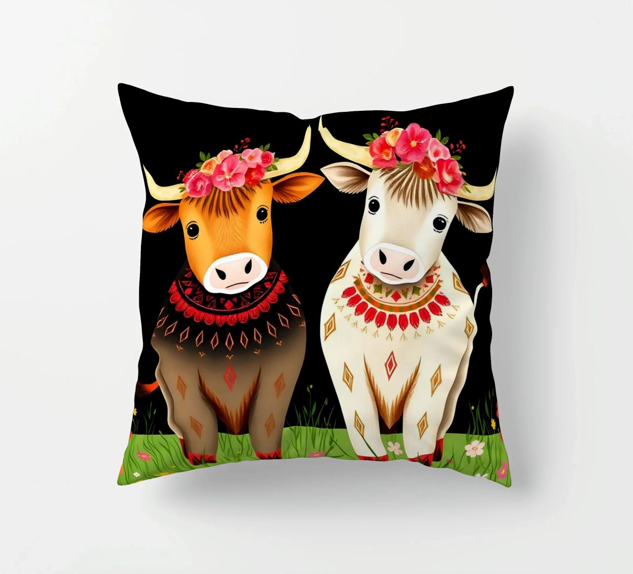 Mucche Highland in un prato selvaggio cuscino da COLLEEN CRAFTS