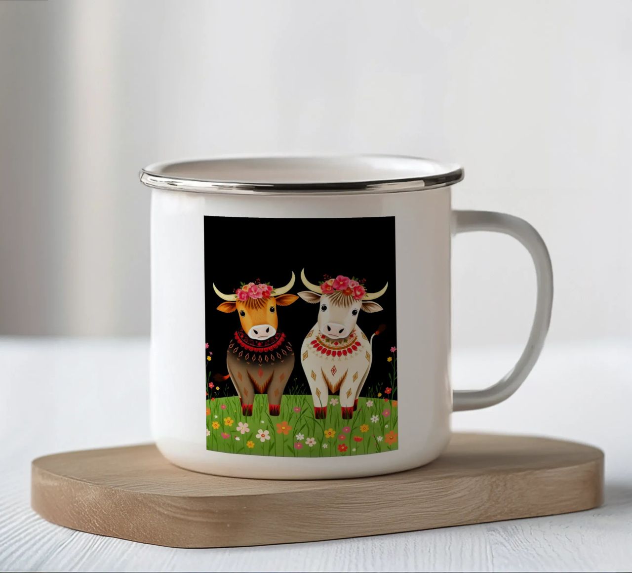 Mucche Highland in un prato selvaggio tazza in smalto da COLLEEN CRAFTS