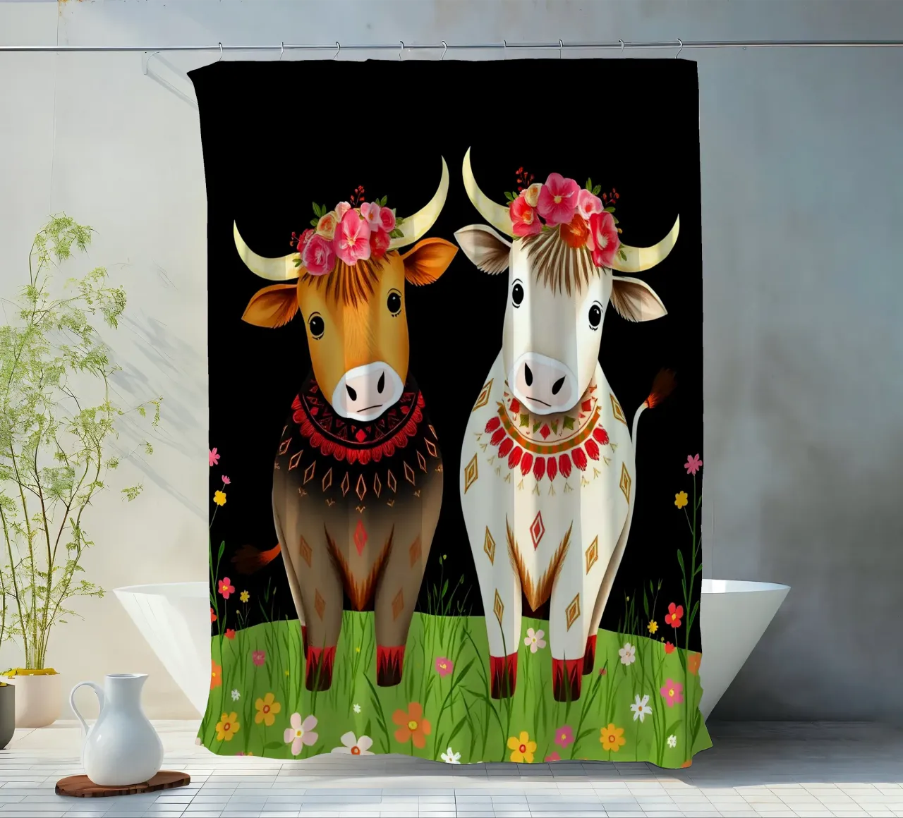 Mucche Highland in un prato selvaggio tenda da doccia da COLLEEN CRAFTS