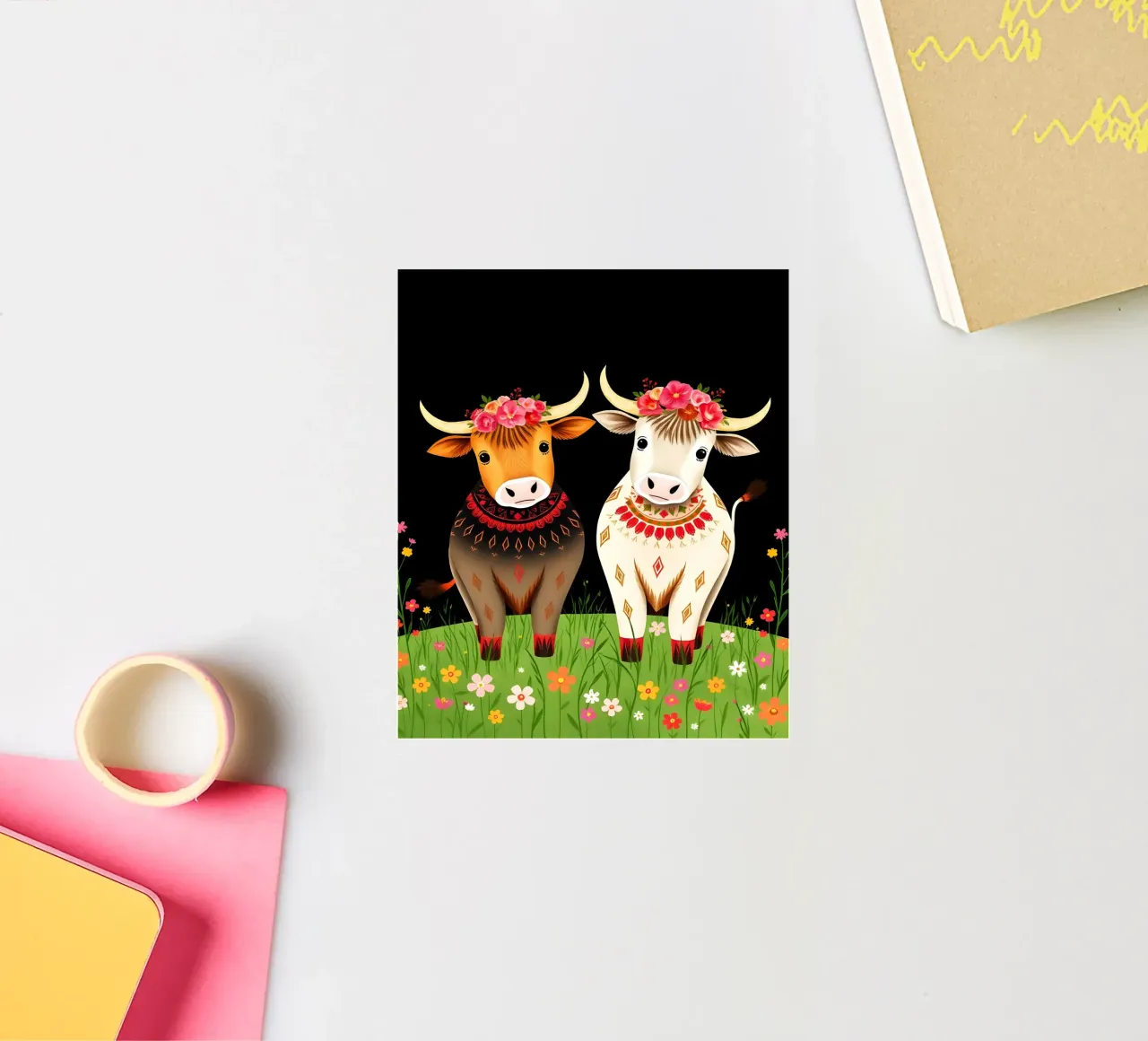 Mucche Highland in un prato selvaggio adesivo da COLLEEN CRAFTS