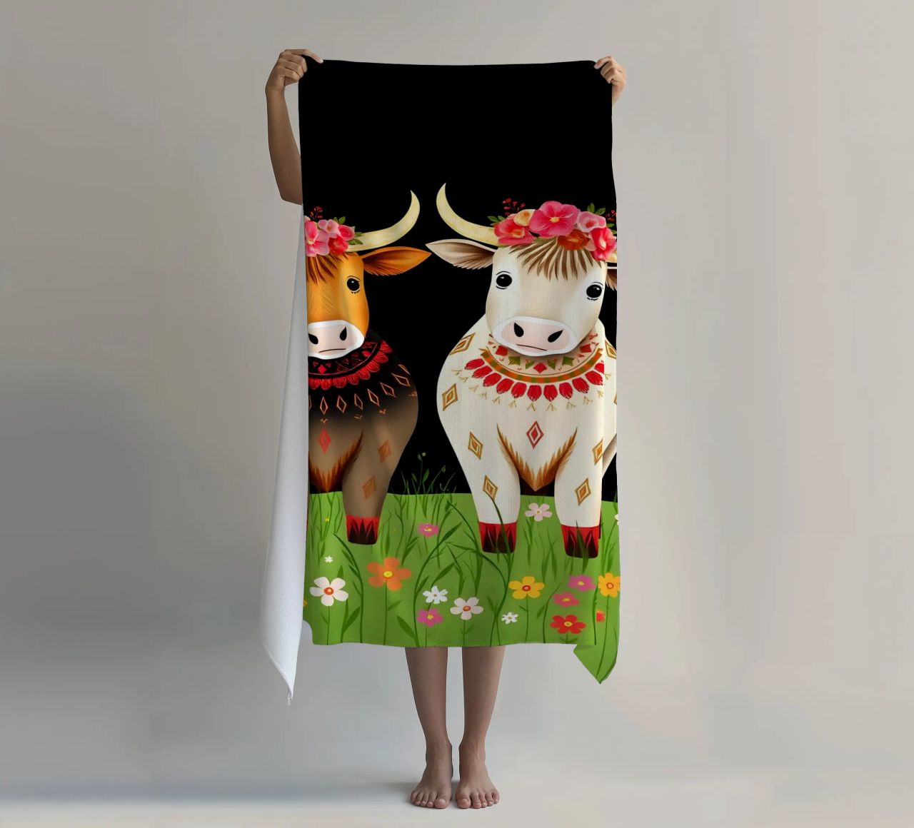 Mucche Highland in un prato selvaggio telo mare da COLLEEN CRAFTS
