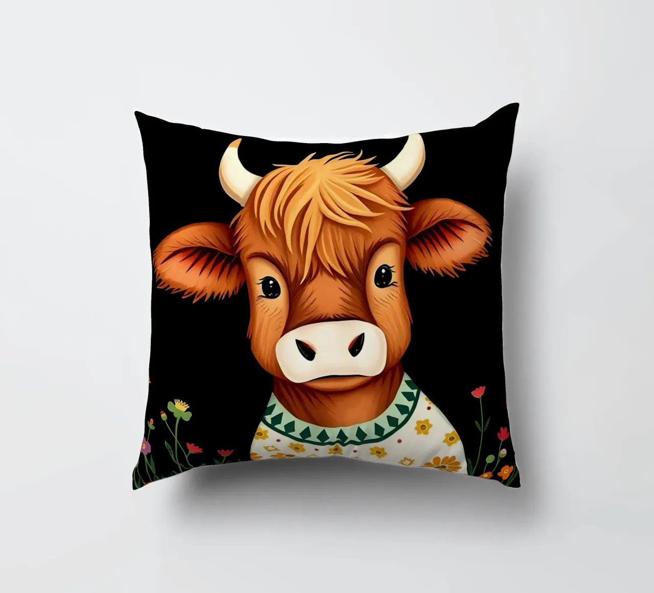 VACCA SCOZZESE DELLE HIGHLANDS, VITELLO DA LATTE cuscino da COLLEEN CRAFTS