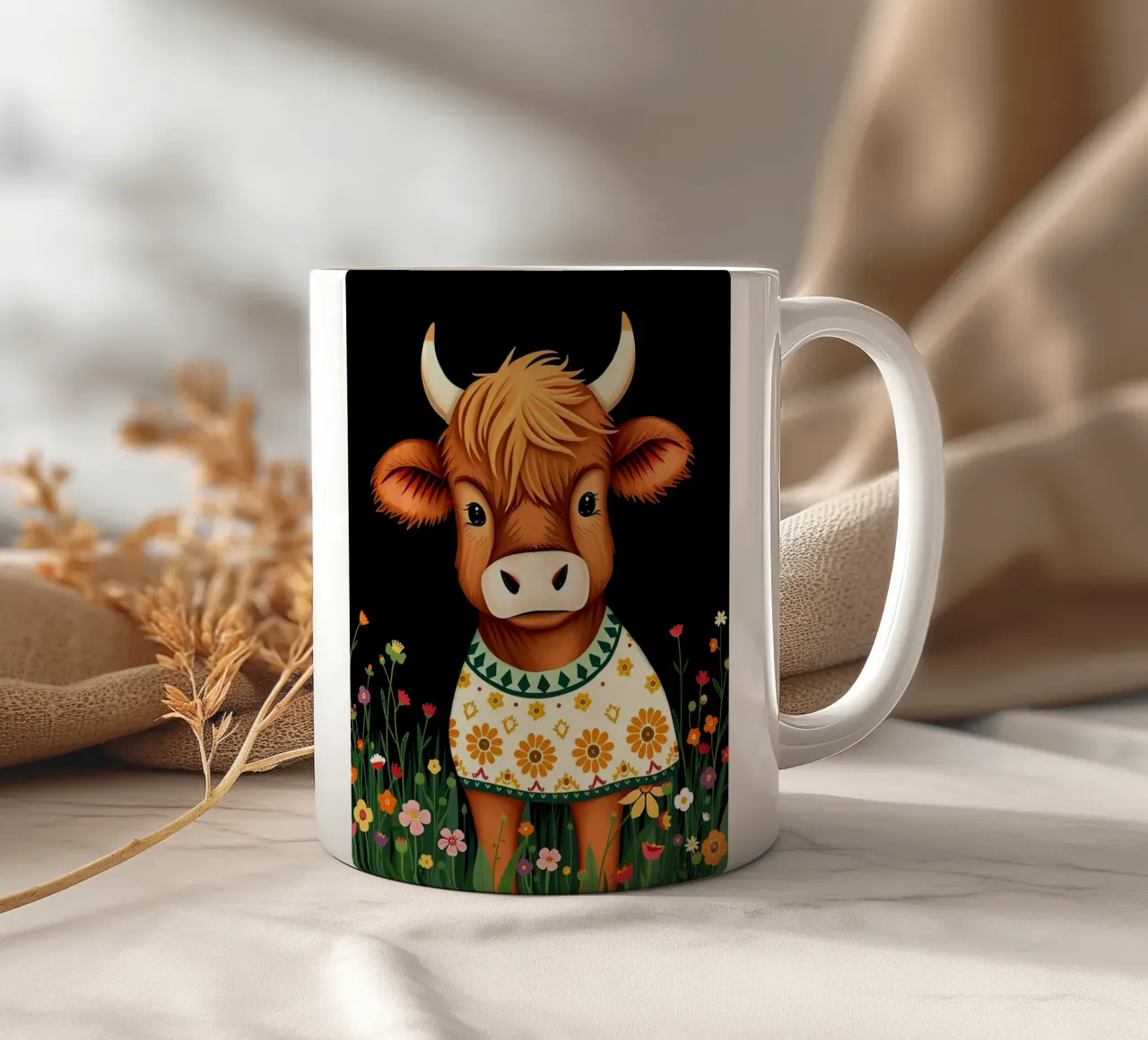 VACCA SCOZZESE DELLE HIGHLANDS, VITELLO DA LATTE tazza in ceramica da COLLEEN CRAFTS