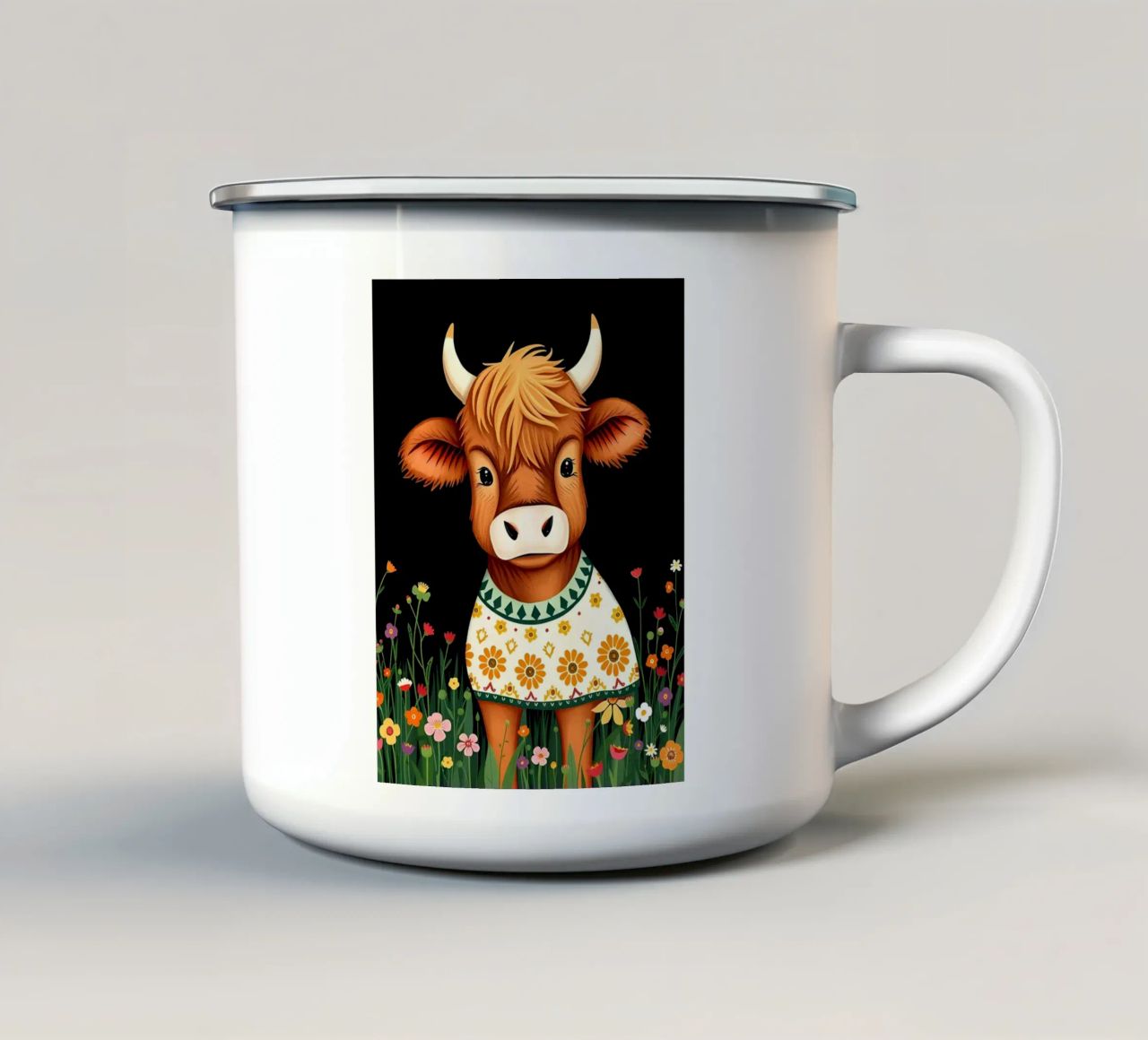 VACCA SCOZZESE DELLE HIGHLANDS, VITELLO DA LATTE tazza in smalto da COLLEEN CRAFTS