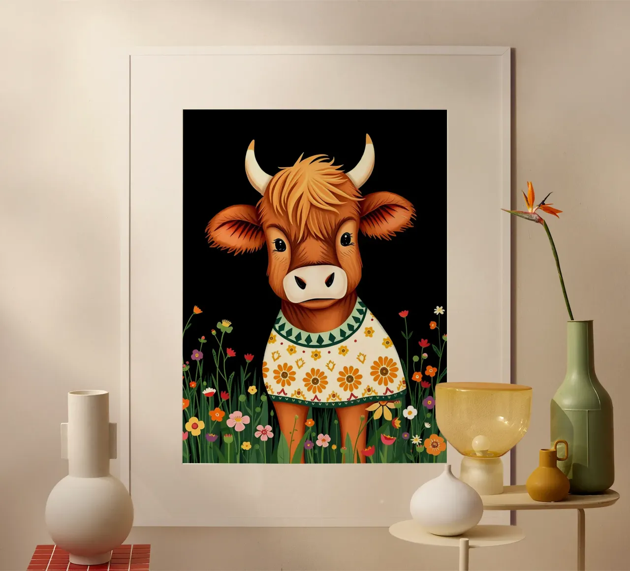 VACCA SCOZZESE DELLE HIGHLANDS, VITELLO DA LATTE poster con telaio in legno da COLLEEN CRAFTS