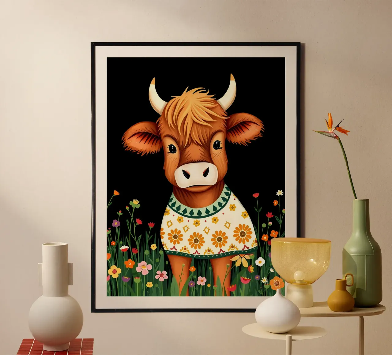 VACCA SCOZZESE DELLE HIGHLANDS, VITELLO DA LATTE poster con telaio in legno da COLLEEN CRAFTS