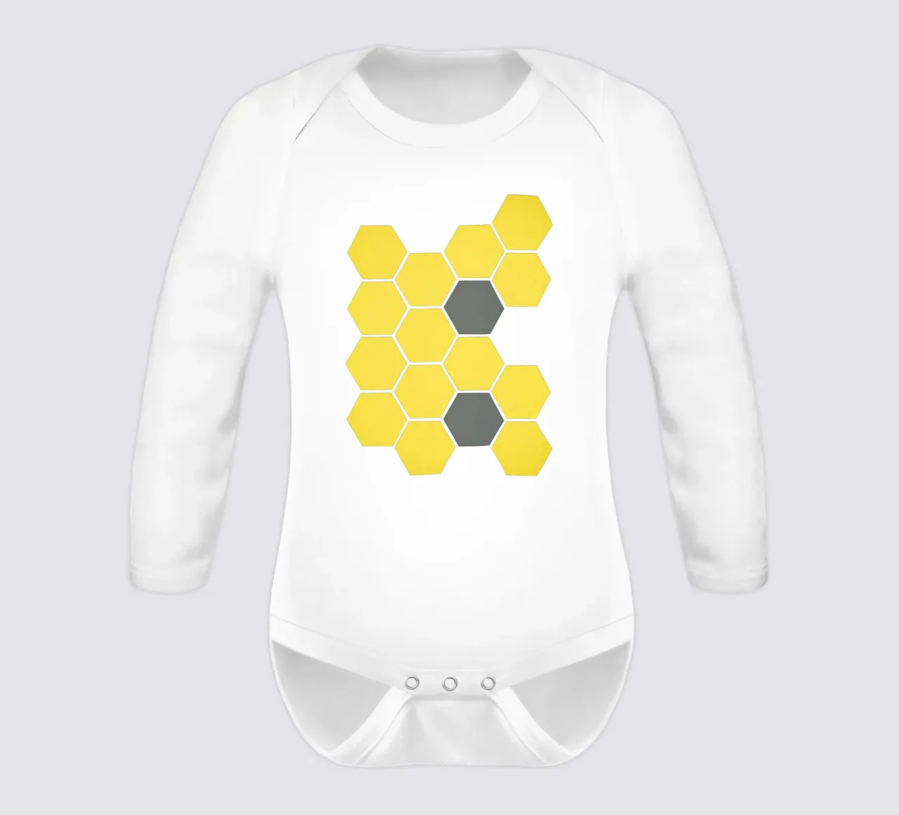 Yellow Honeycomb long-sleeve baby romper by Cassia Beck Collage