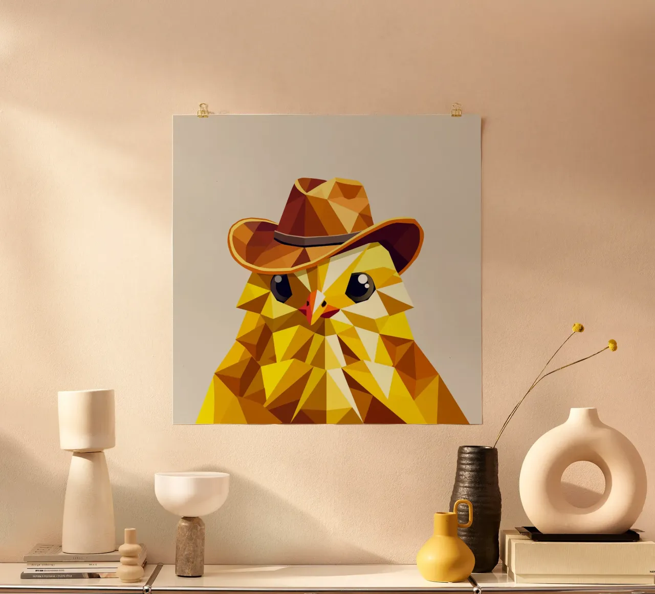 poussin mignon avec un chapeau de cow-boy stylé poster avec cadre en plastique de namosh