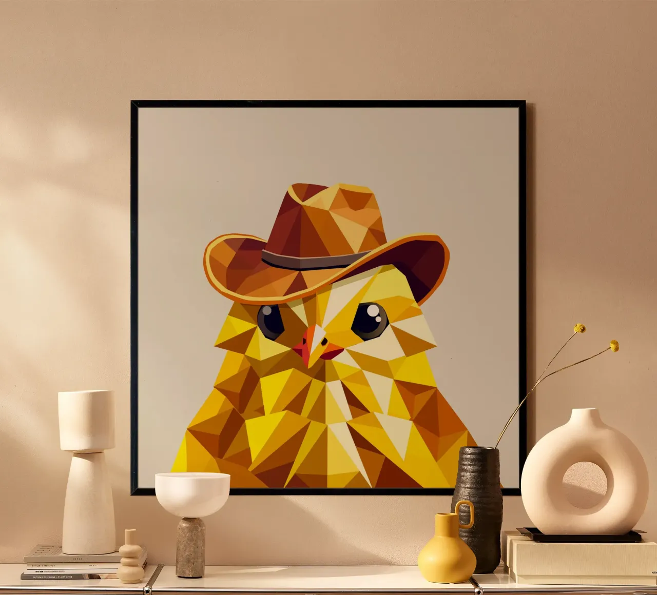 poussin mignon avec un chapeau de cow-boy stylé poster avec cadre en plastique de namosh