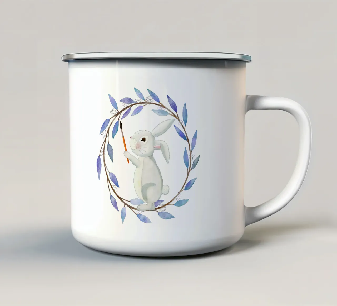 Cute bunny paints. Wreath of flowers. Auarelle. enamel mug by CalliLetters
