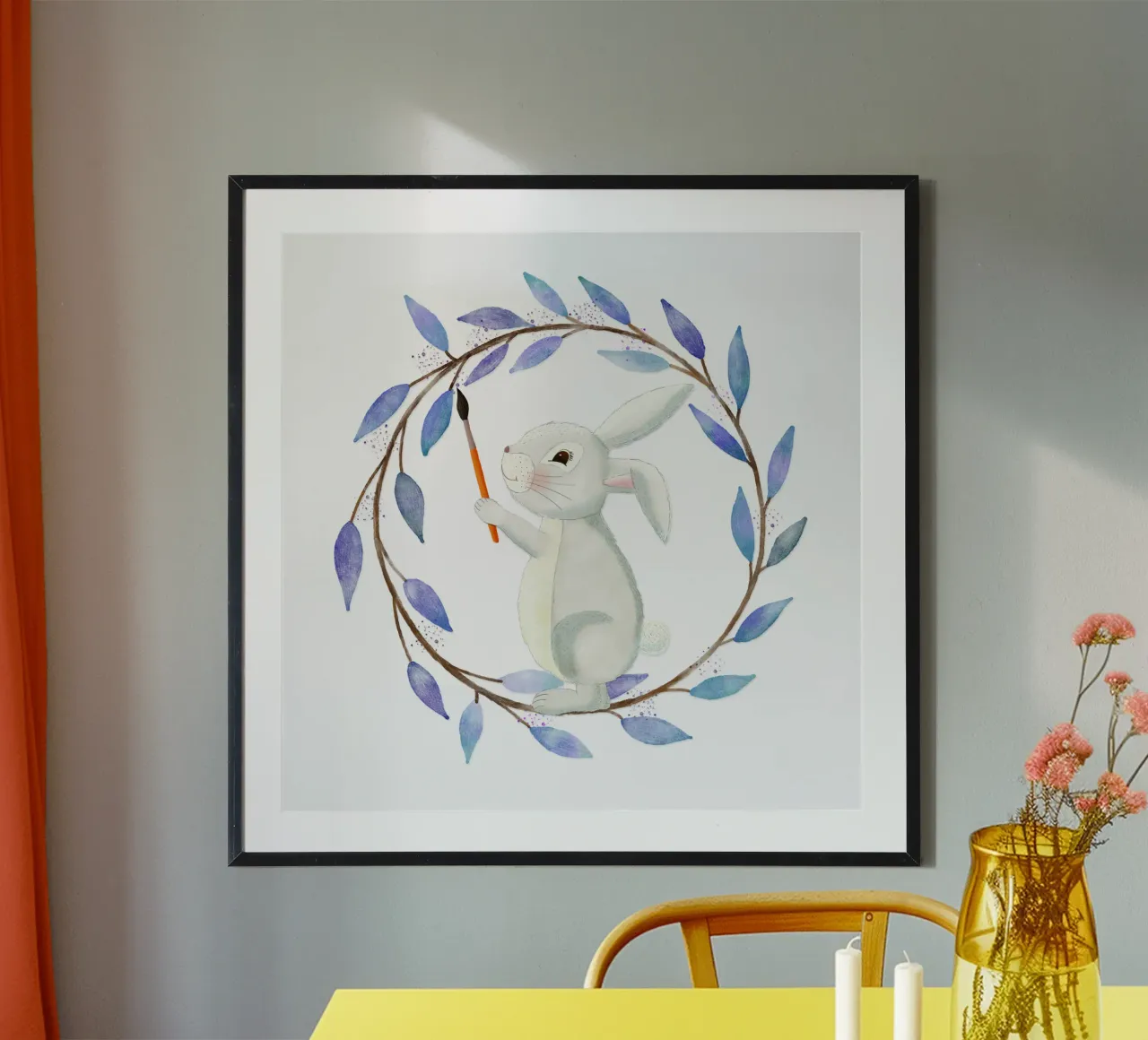 Süßer Hase malt. Blumenkranz. Auarell. Poster von CalliLetters