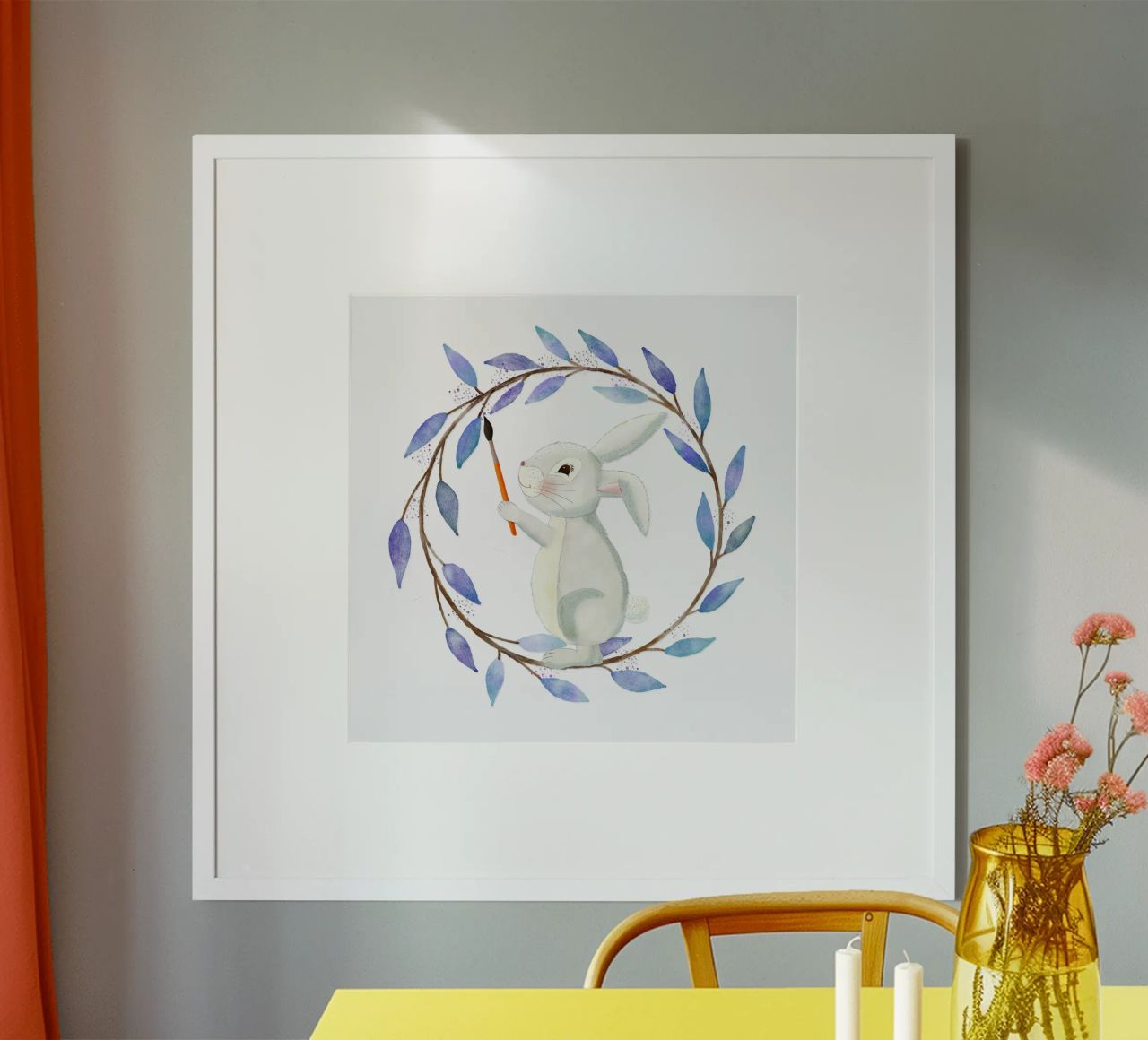 Süßer Hase malt. Blumenkranz. Auarell. Poster von CalliLetters