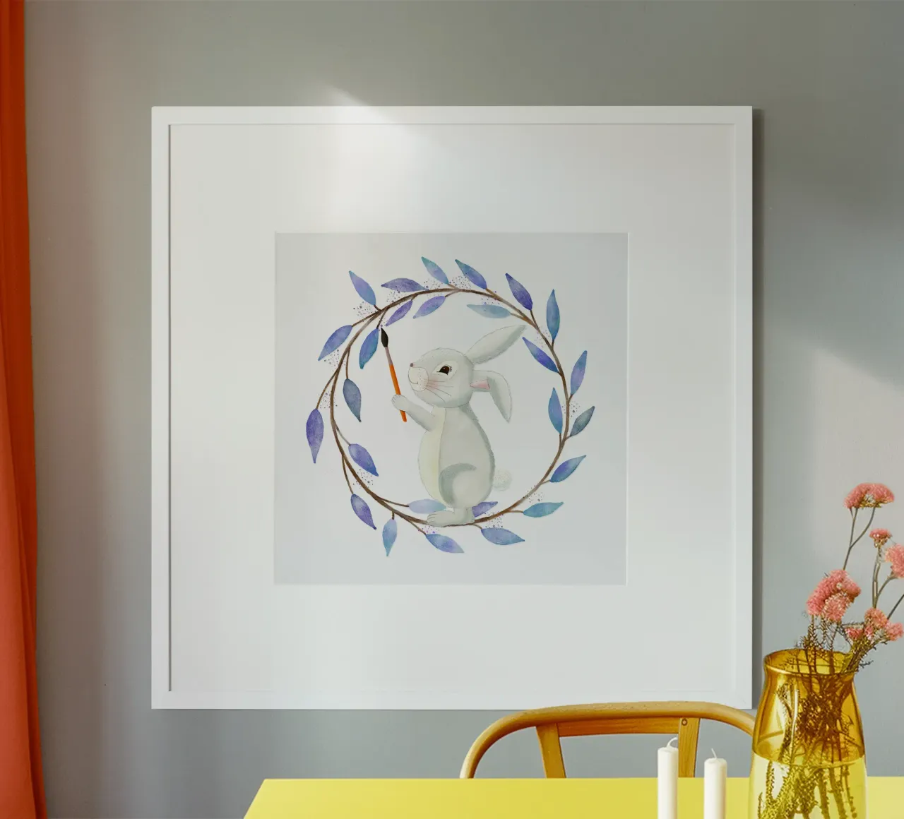 Süßer Hase malt. Blumenkranz. Auarell. Poster von CalliLetters